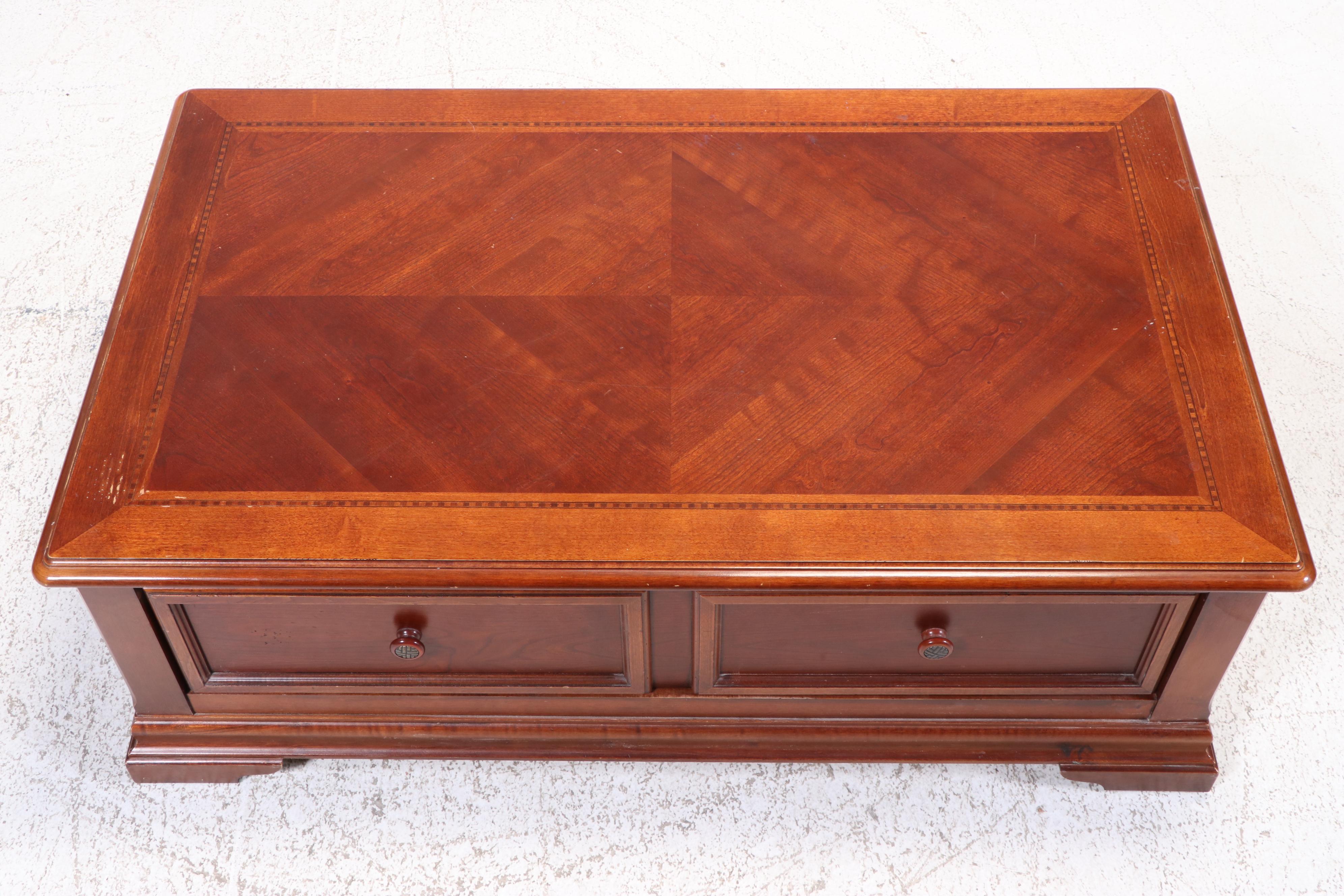 Hammary Cherrywood, Maple, and Line-Inlaid Coffee Table and Side Table