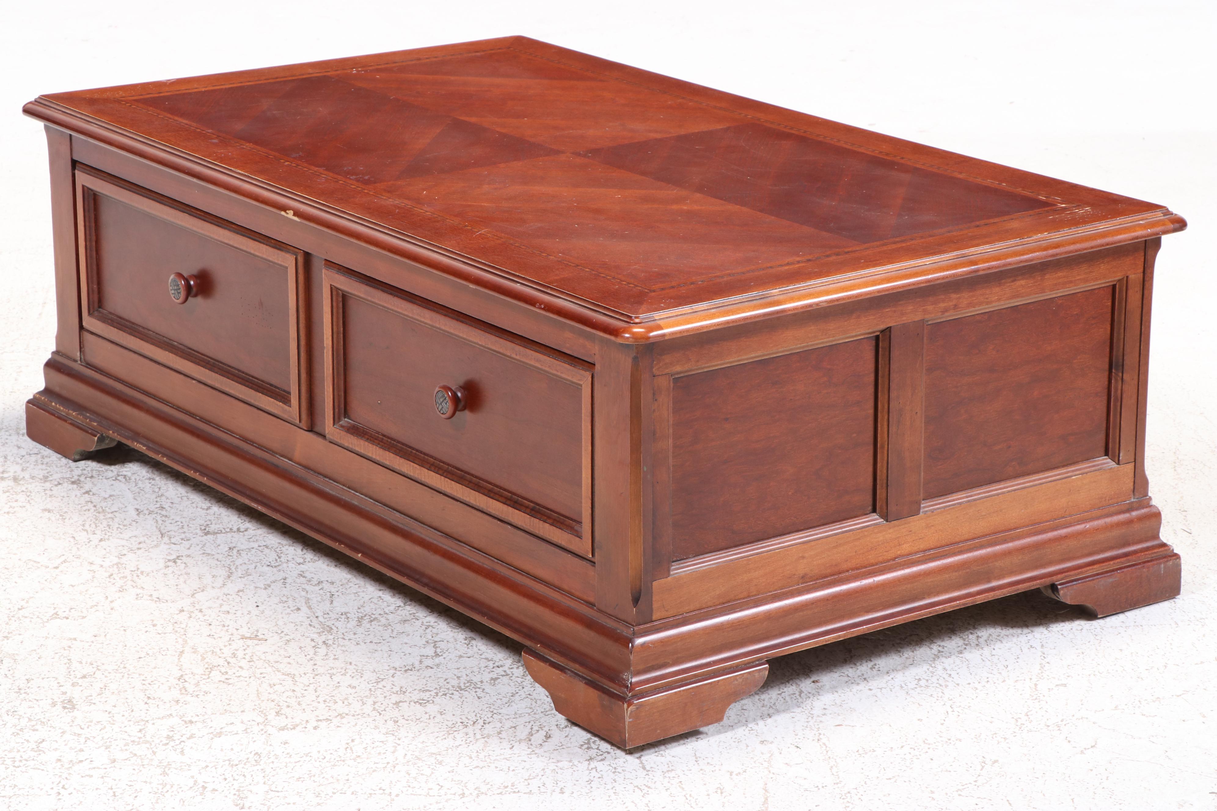 Hammary Cherrywood, Maple, and Line-Inlaid Coffee Table and Side Table