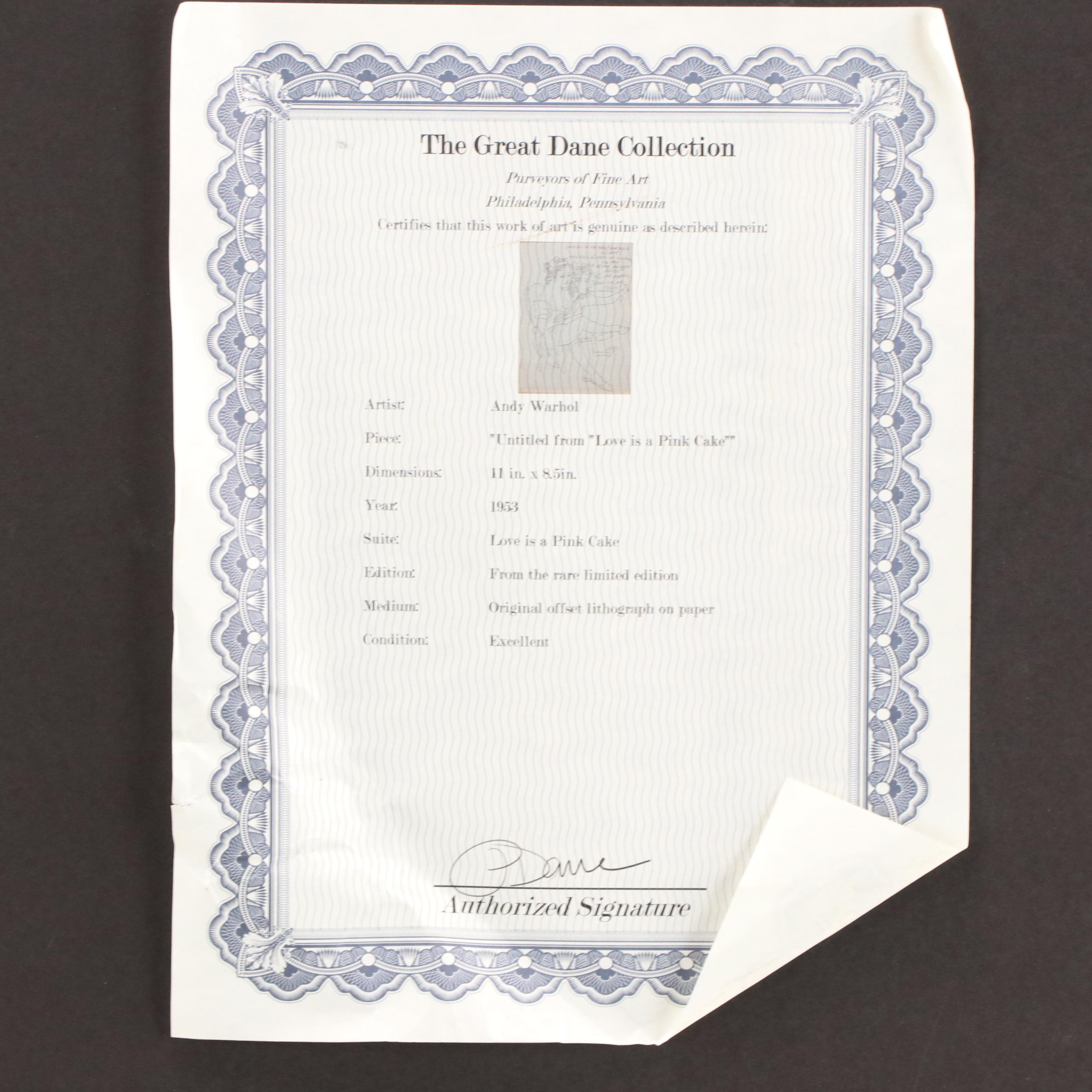 Andy Warhol Offset Lithograph from "Love is a Pink Cake" Series, 1953