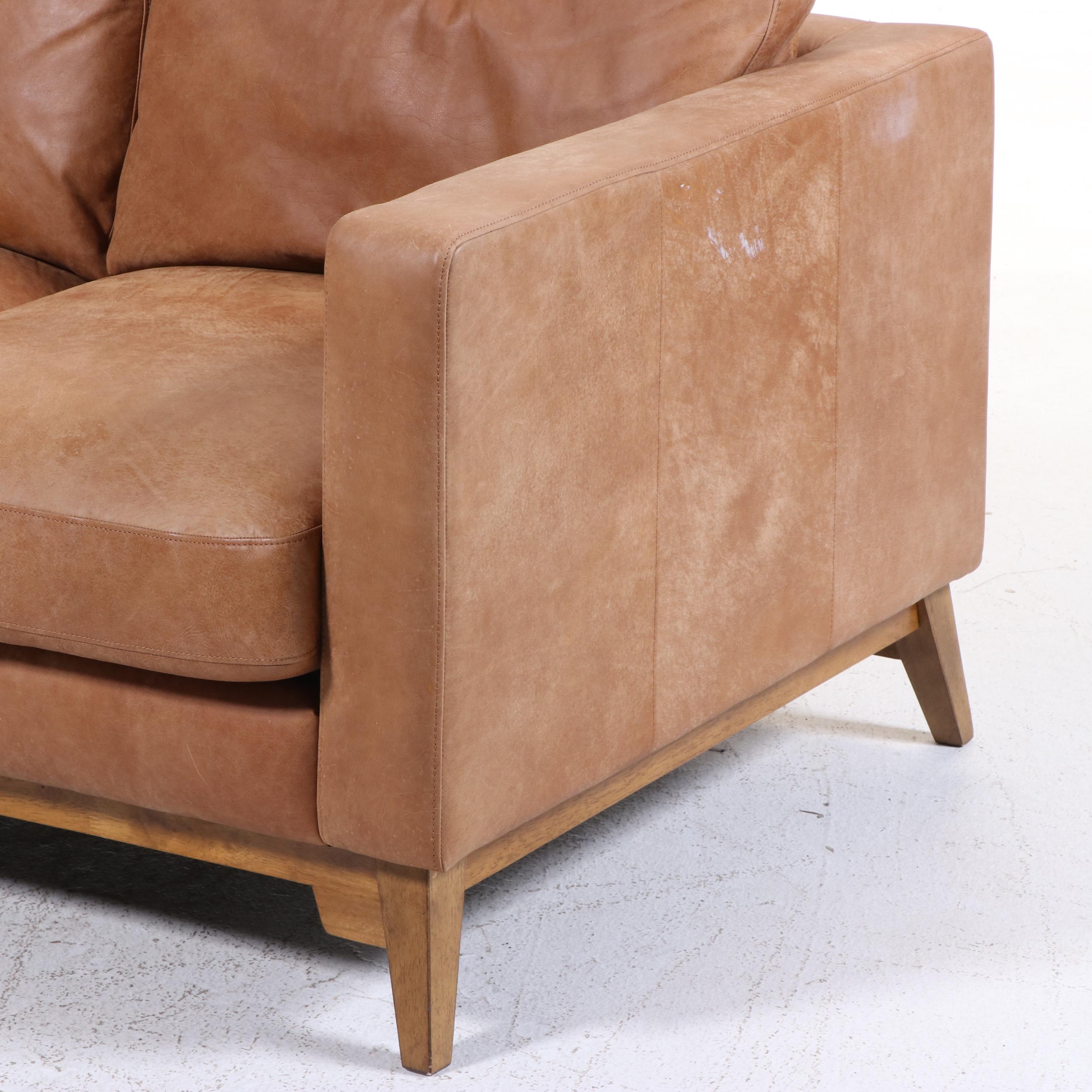 Modernist Style Hardwood and Leather Track-Arm Sofa