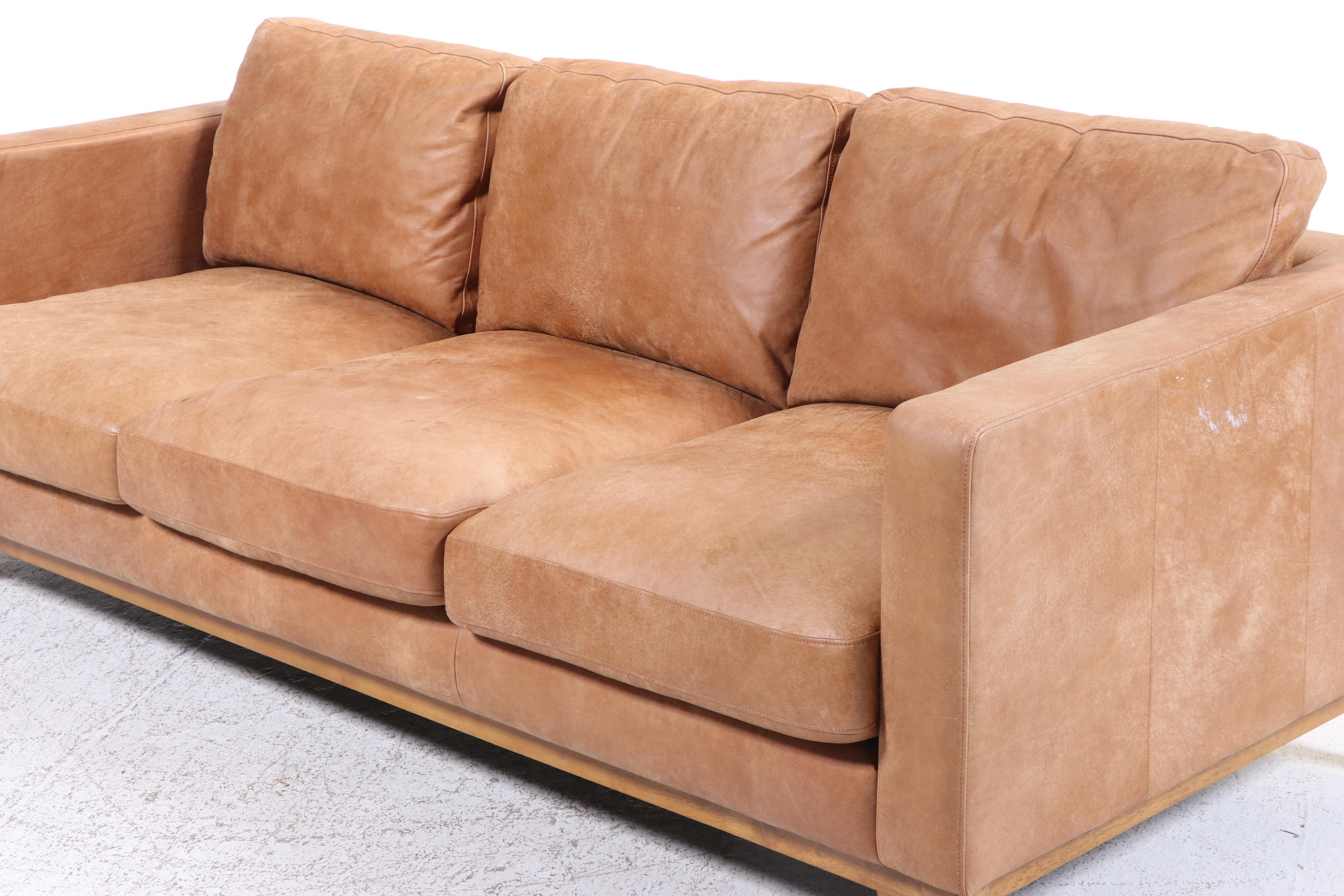 Modernist Style Hardwood and Leather Track-Arm Sofa