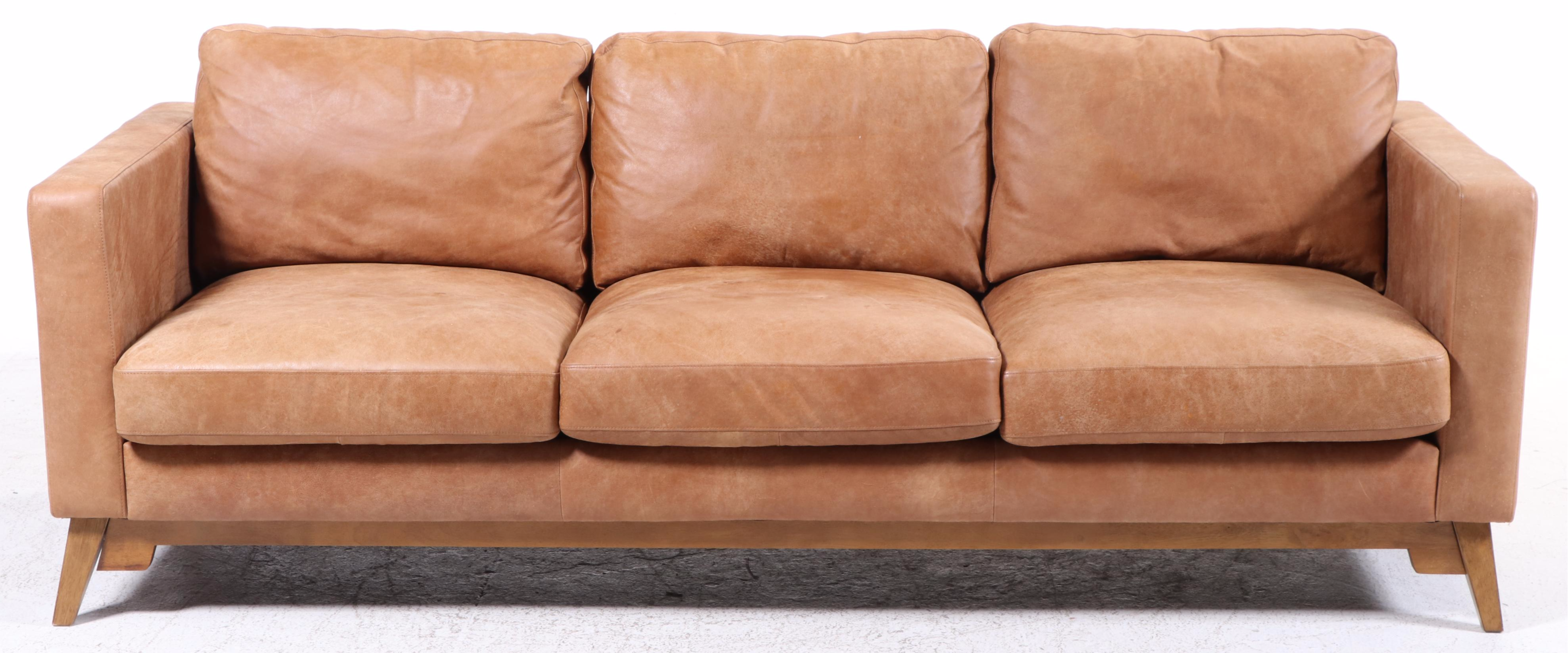Modernist Style Hardwood and Leather Track-Arm Sofa