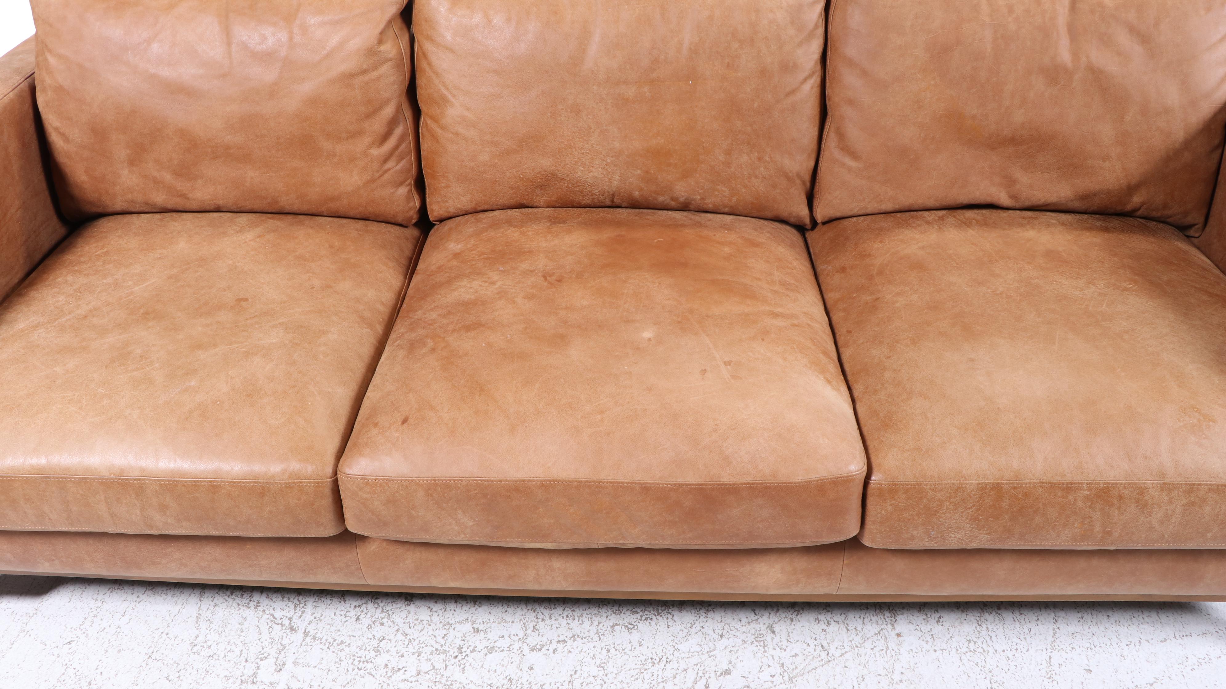 Modernist Style Hardwood and Leather Track-Arm Sofa