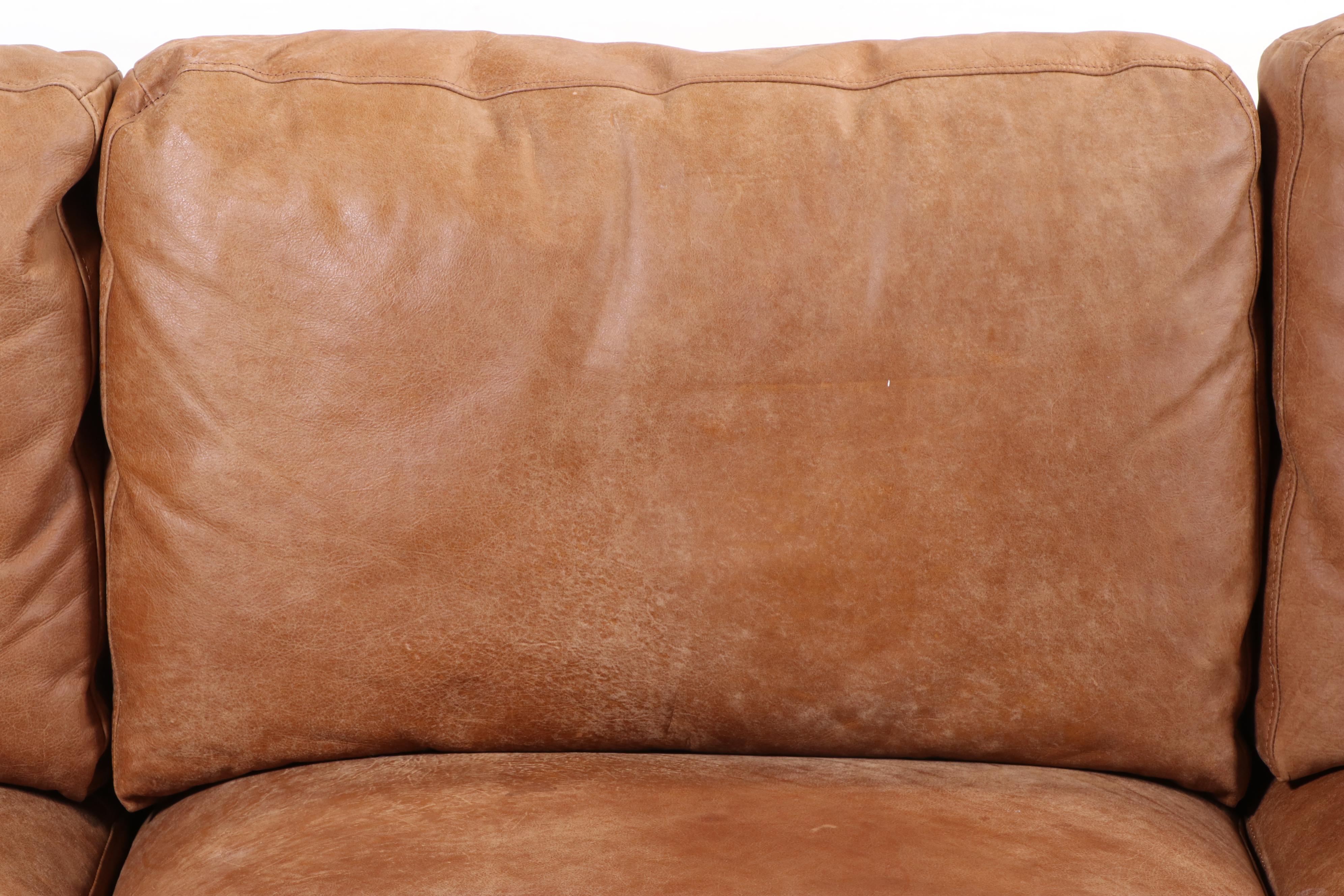 Modernist Style Hardwood and Leather Track-Arm Sofa