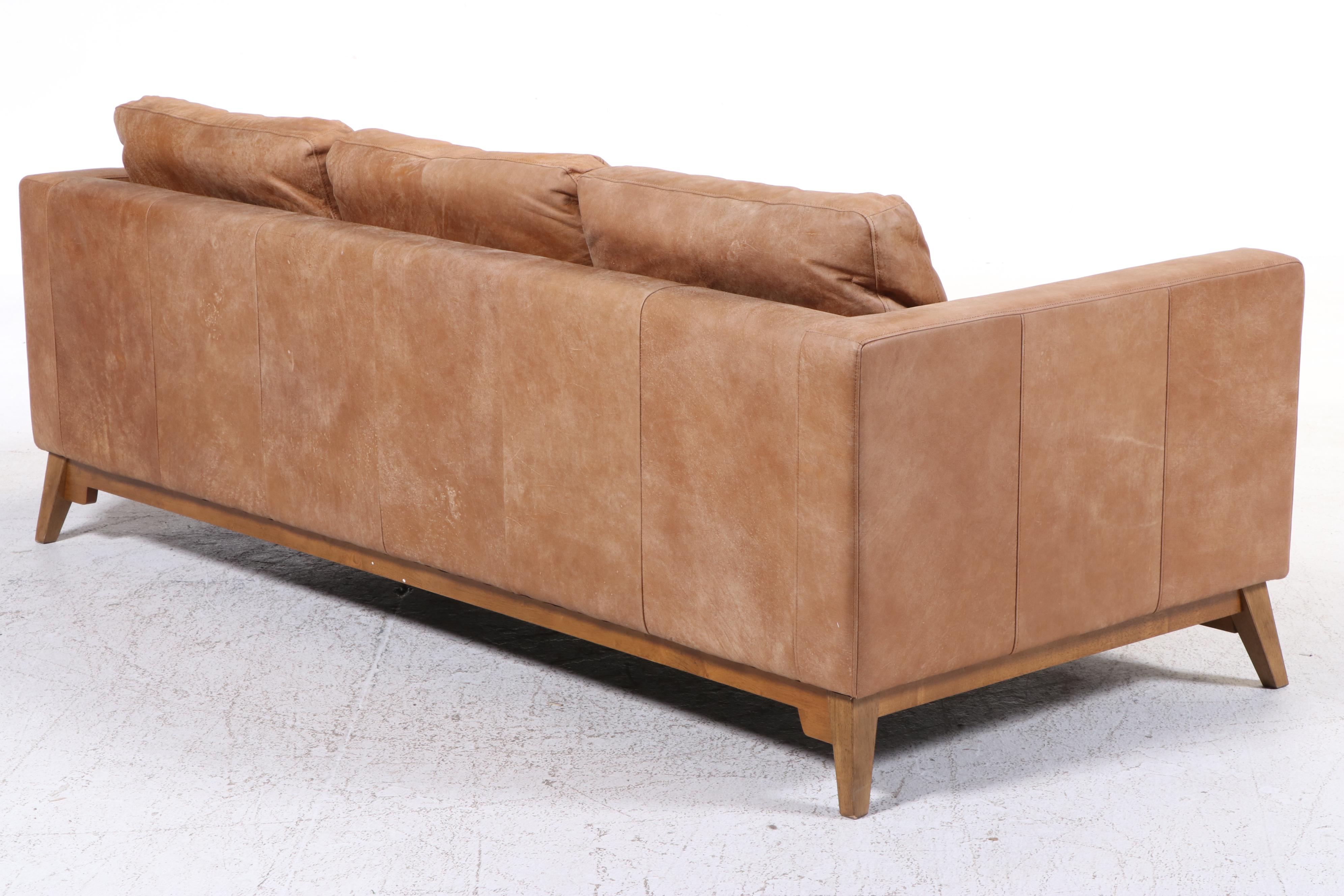 Modernist Style Hardwood and Leather Track-Arm Sofa