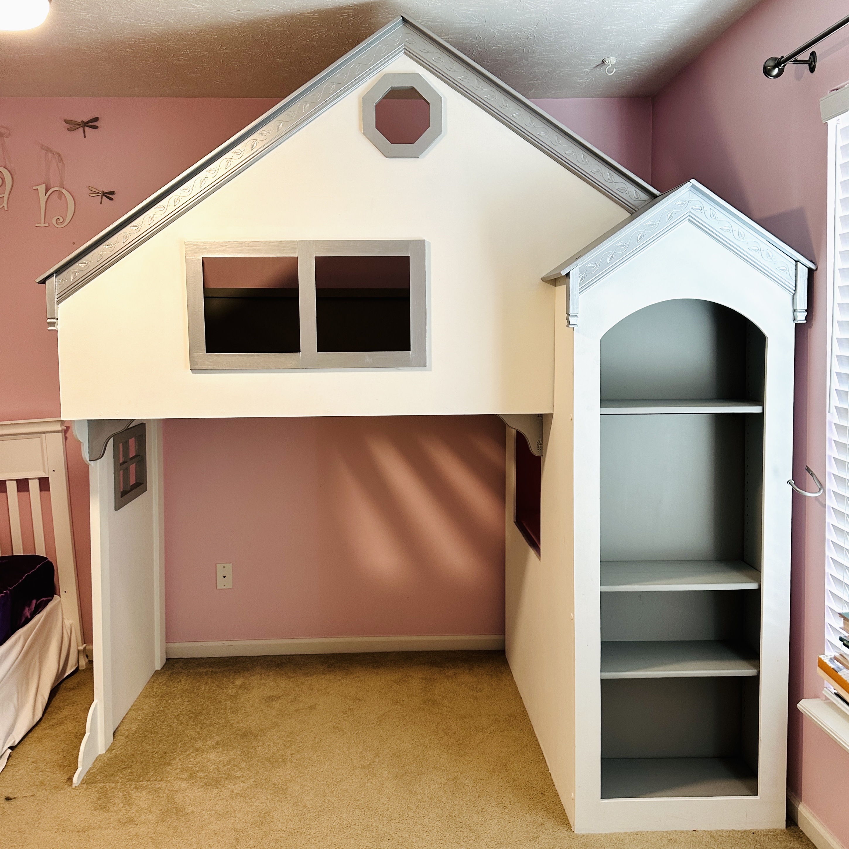 Custom-Built Dollhouse Motif Lofted Bed with Built-In Storage