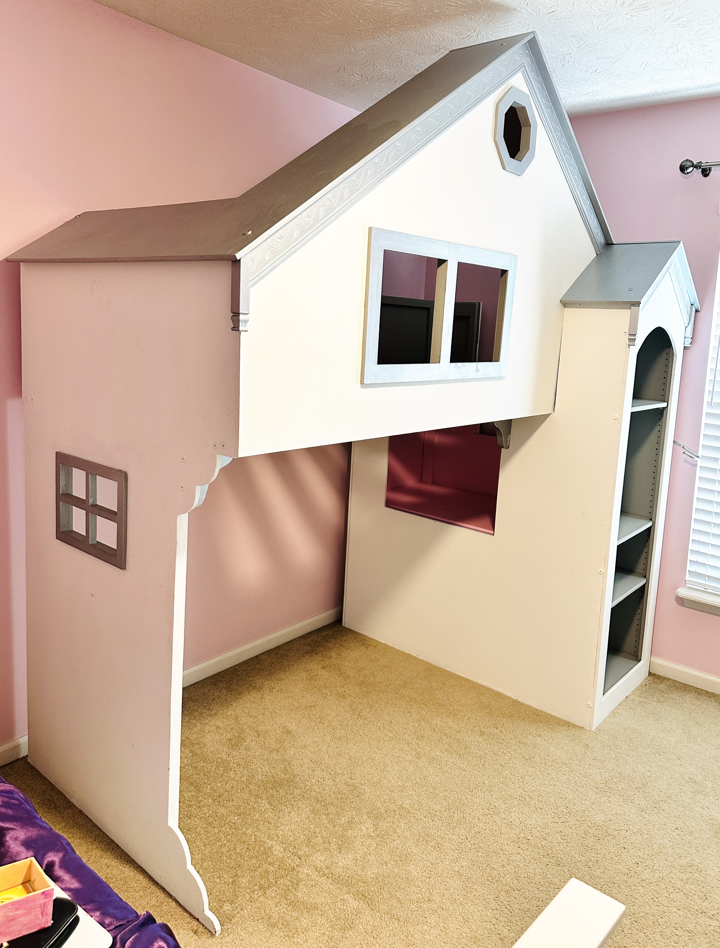 Custom-Built Dollhouse Motif Lofted Bed with Built-In Storage