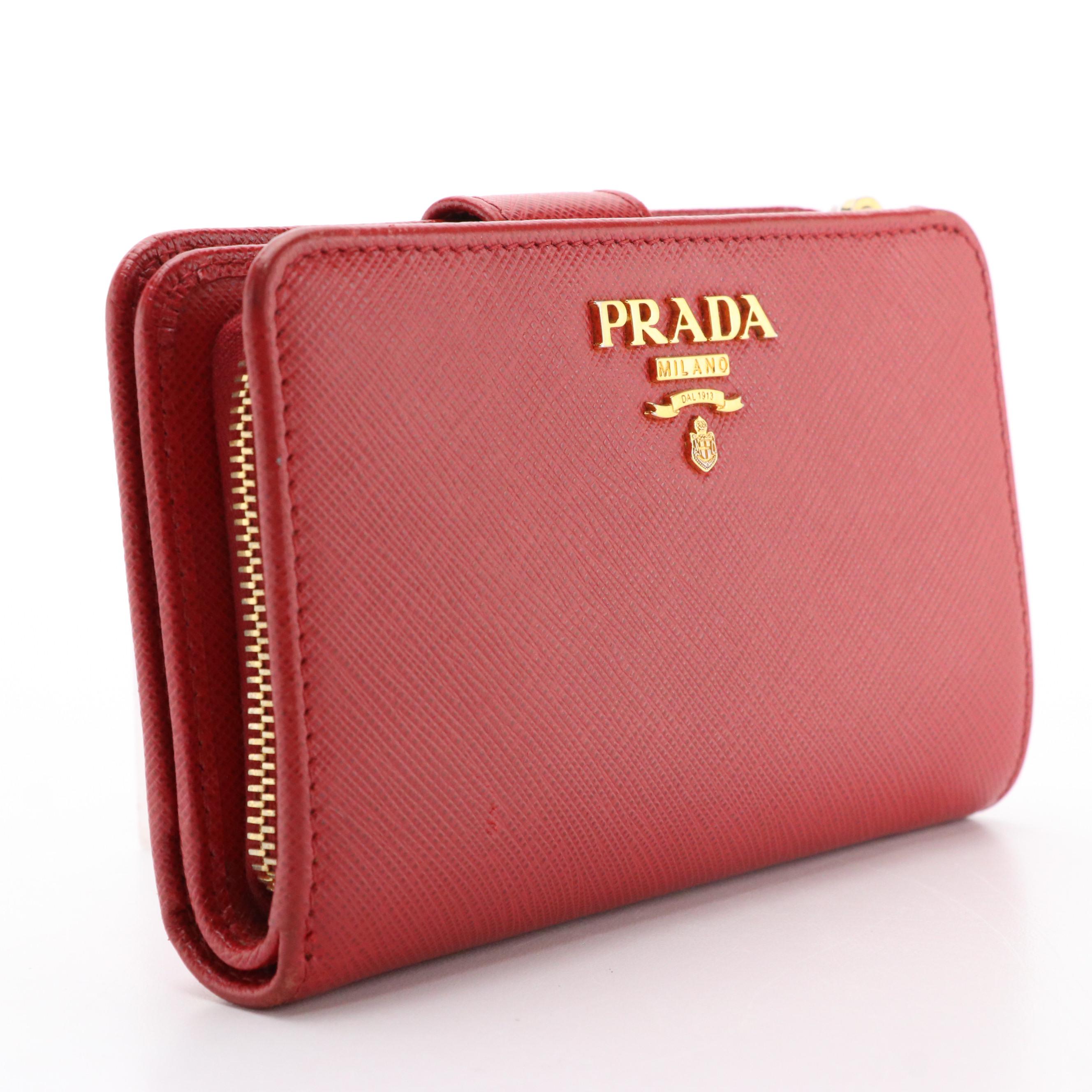 Prada Red Saffiano Leather Compact Zip Wallet