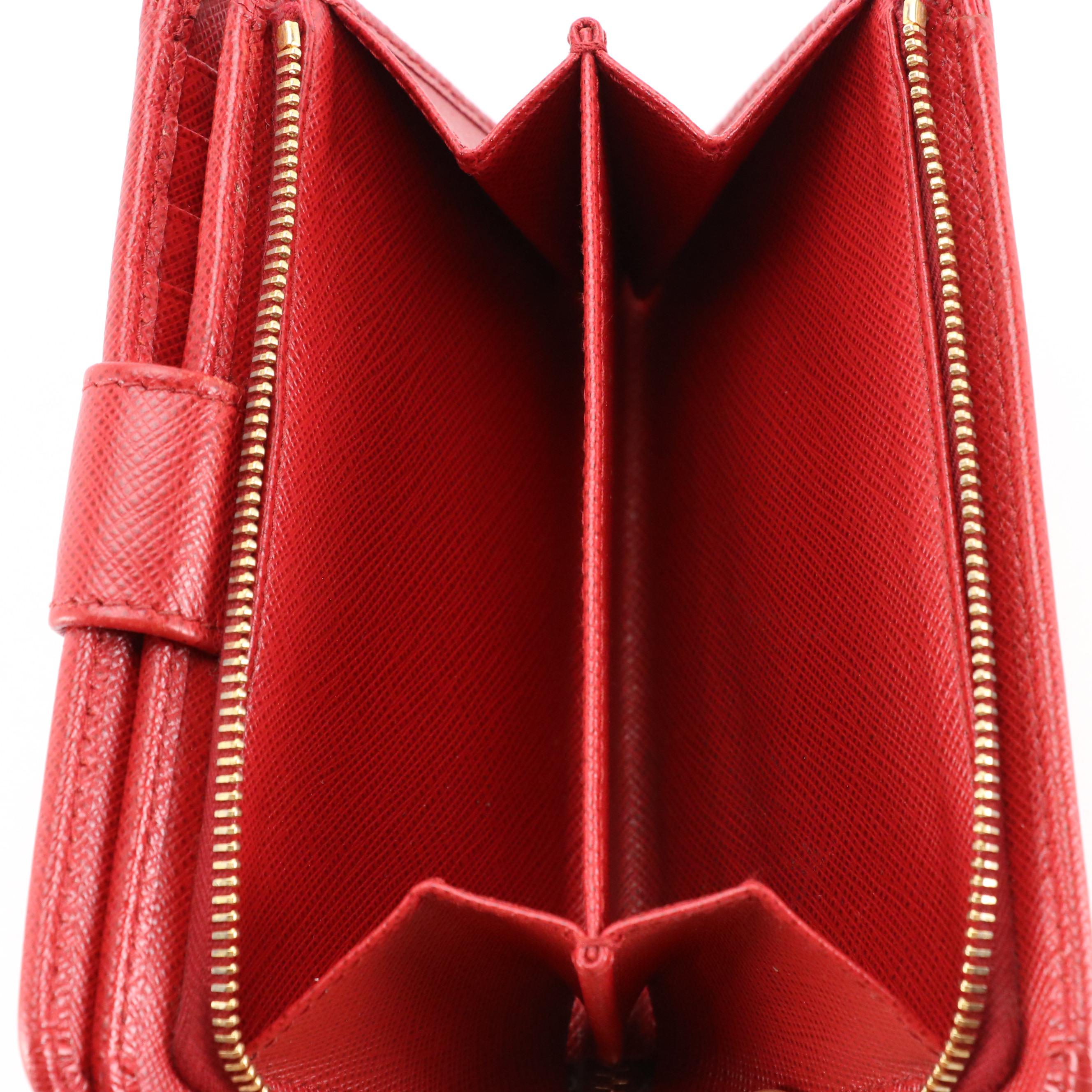Prada Red Saffiano Leather Compact Zip Wallet