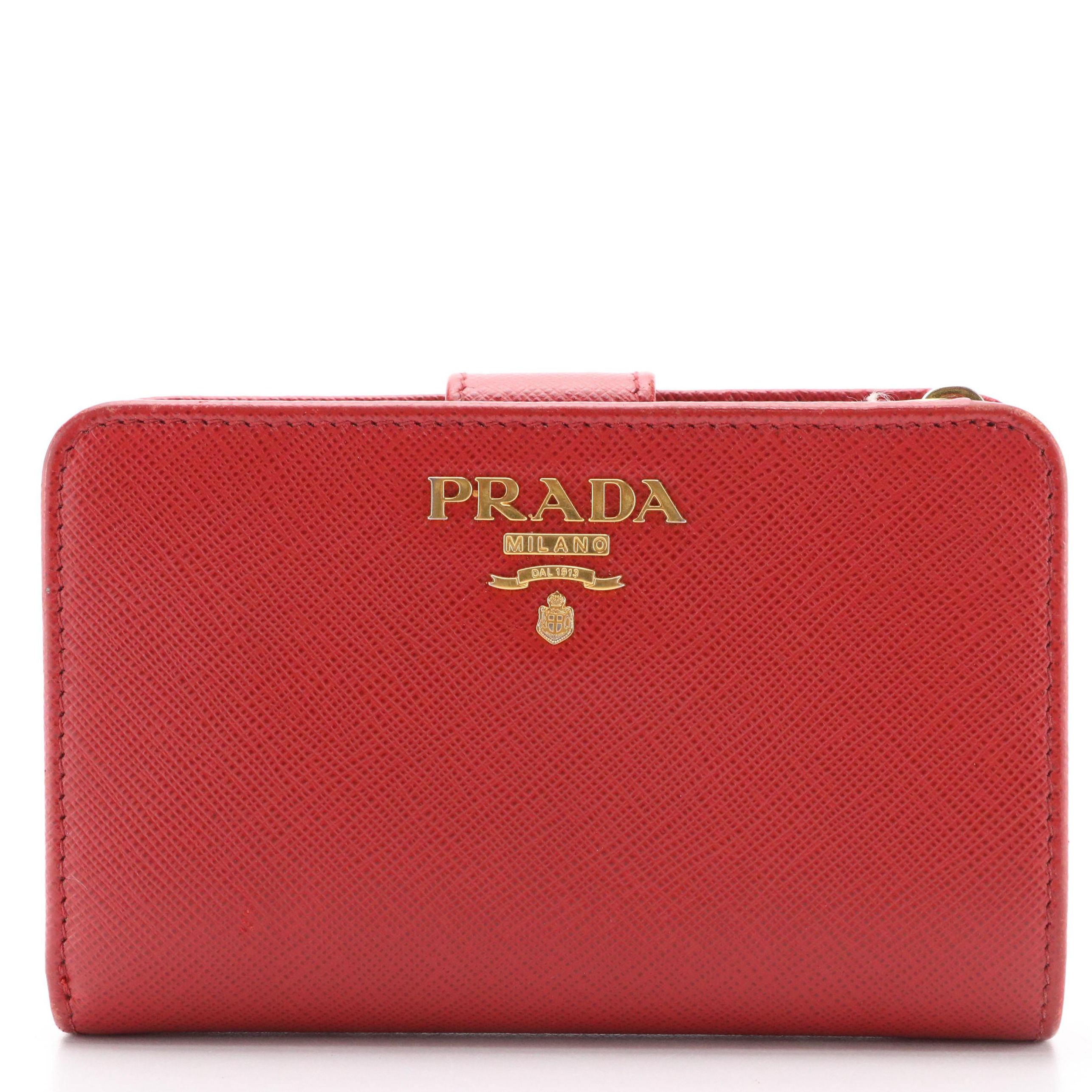 Prada Red Saffiano Leather Compact Zip Wallet