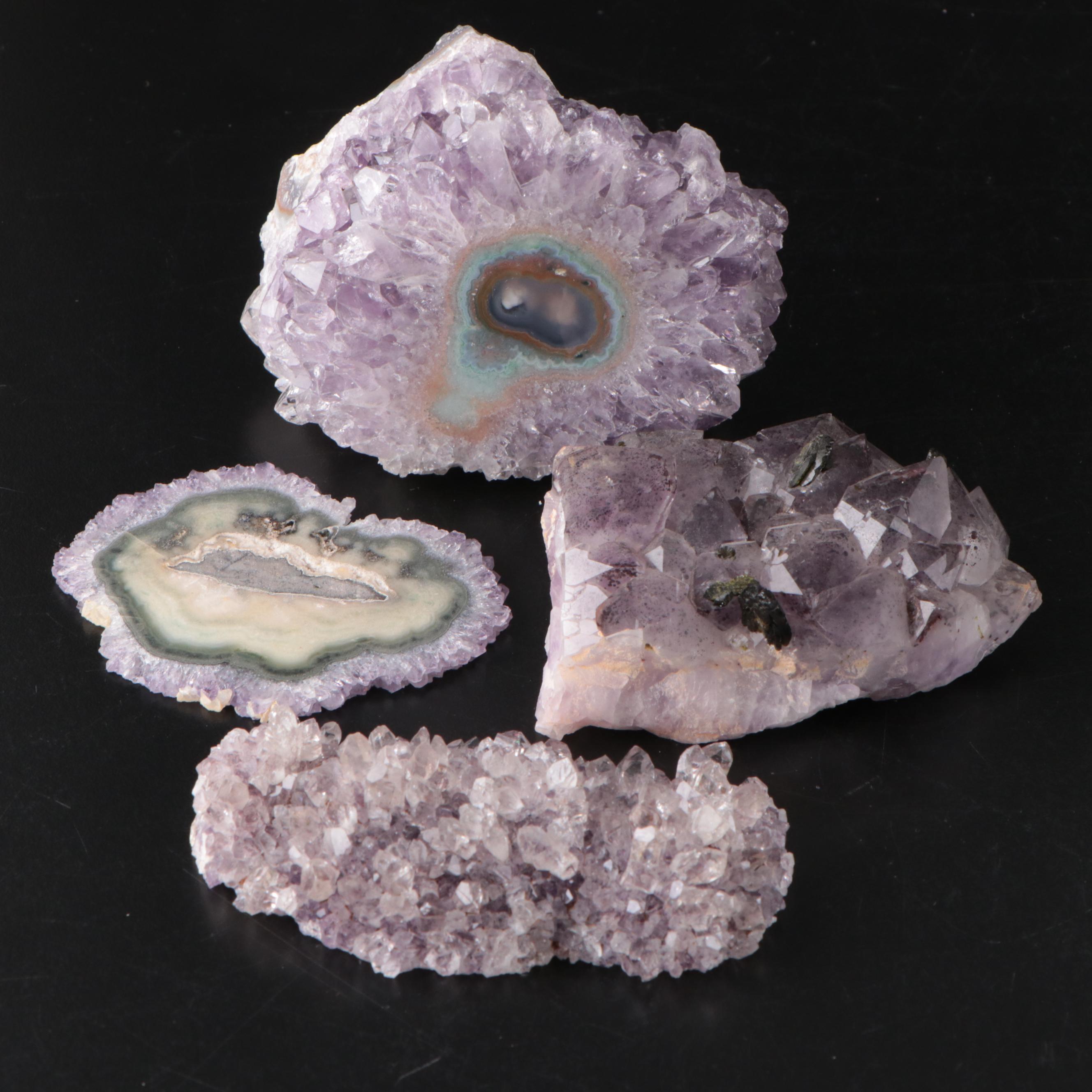 Tourmaline on Amethyst, Amethyst Stalactite Slice, and More Amethyst
