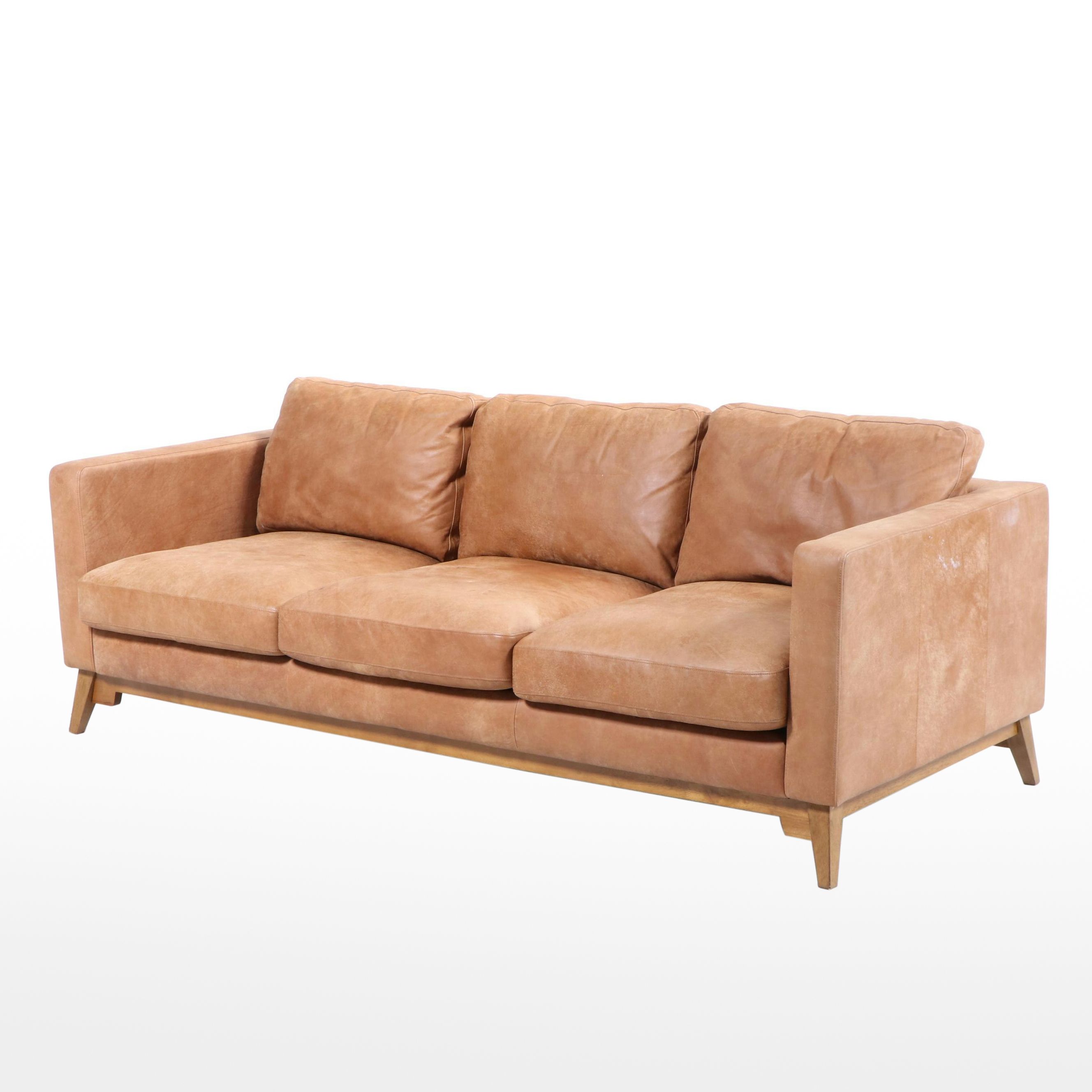 Modernist Style Hardwood and Leather Track-Arm Sofa