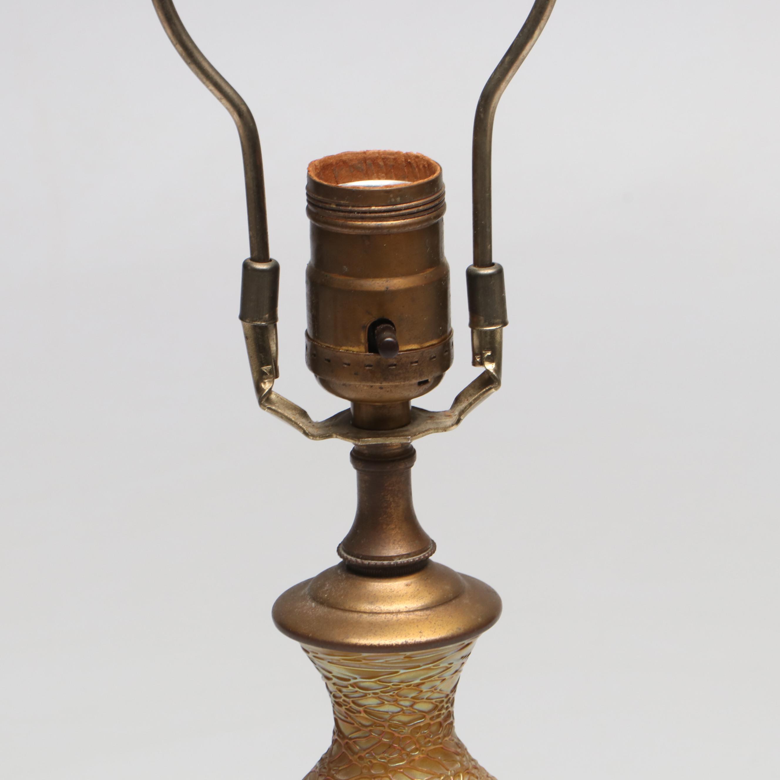 Durand Iridescent with Trailing Art Glass Converted to Table Lamp, Early 20th C.