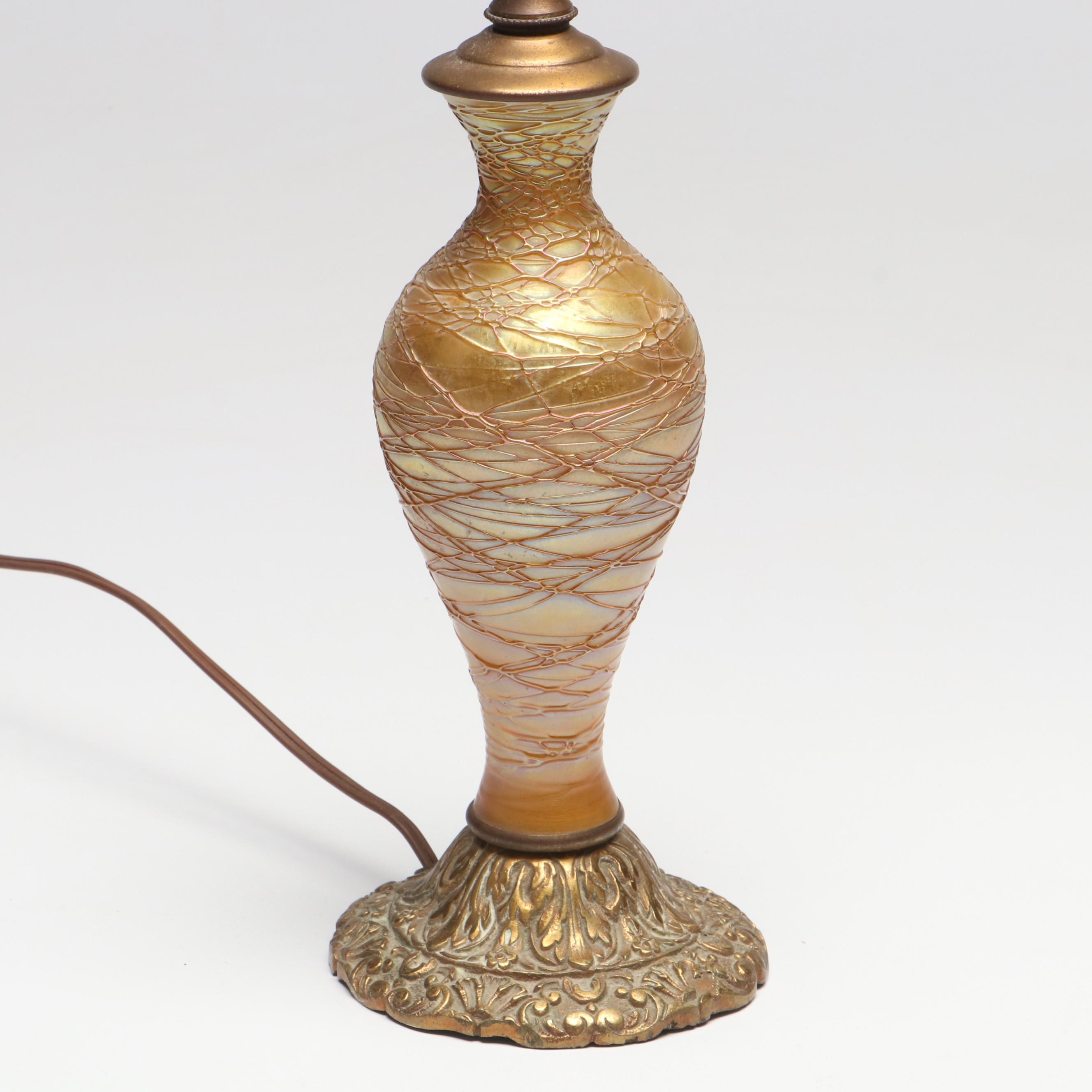 Durand Iridescent with Trailing Art Glass Converted to Table Lamp, Early 20th C.