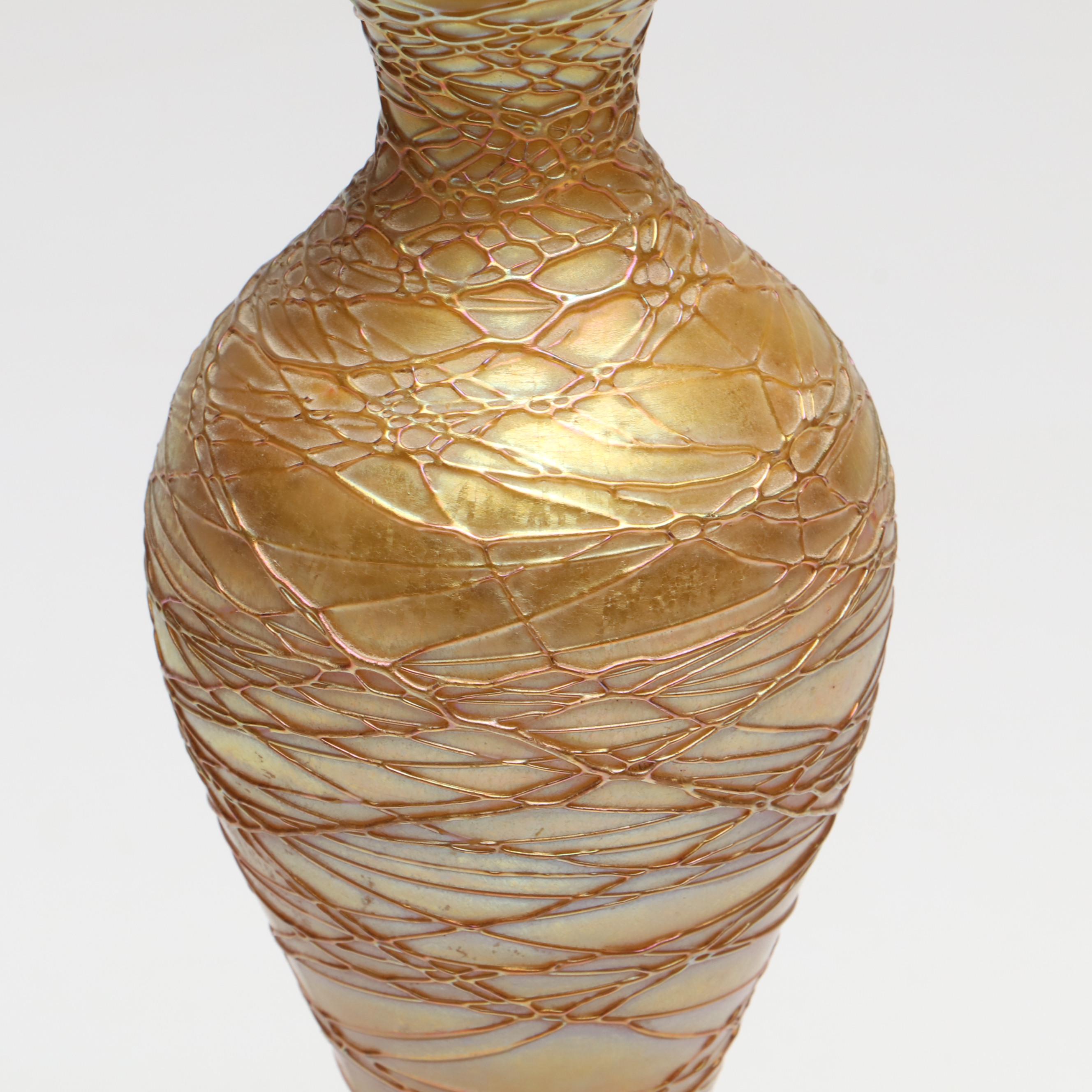 Durand Iridescent with Trailing Art Glass Converted to Table Lamp, Early 20th C.