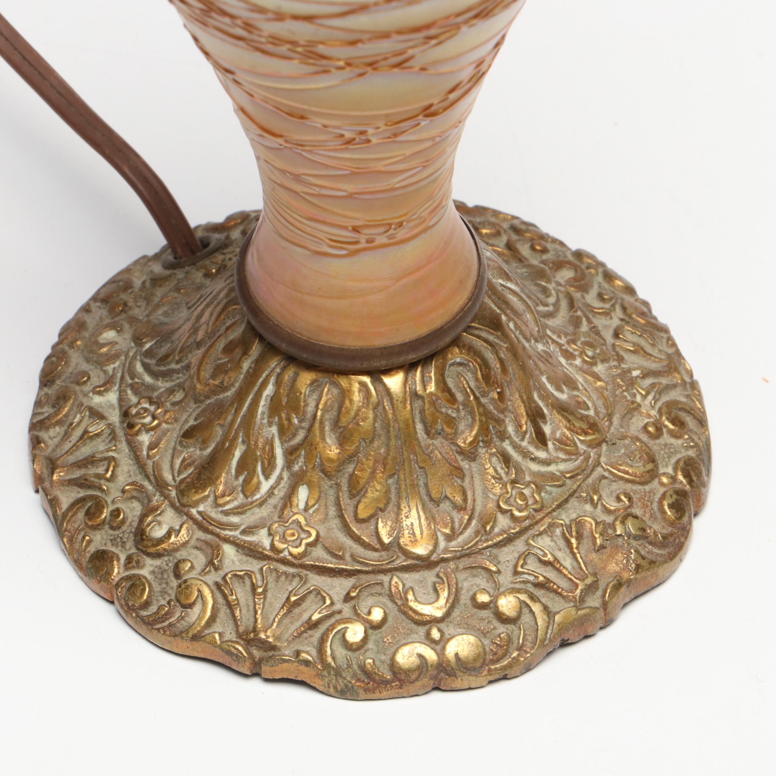 Durand Iridescent with Trailing Art Glass Converted to Table Lamp, Early 20th C.