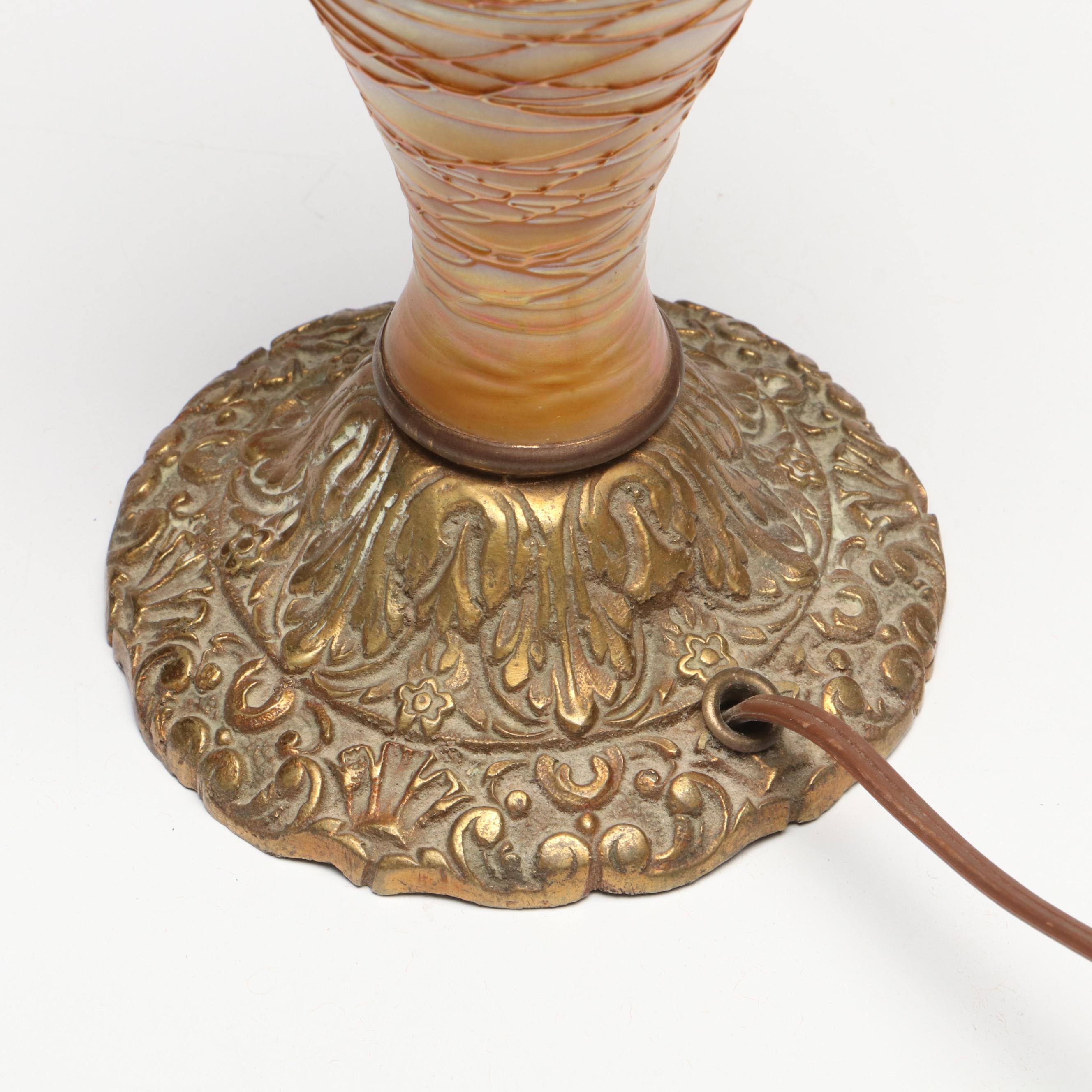 Durand Iridescent with Trailing Art Glass Converted to Table Lamp, Early 20th C.