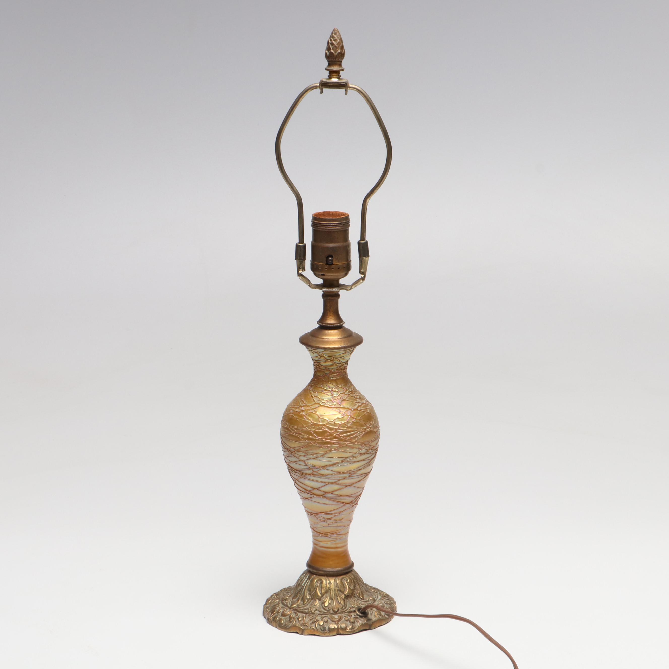 Durand Iridescent with Trailing Art Glass Converted to Table Lamp, Early 20th C.