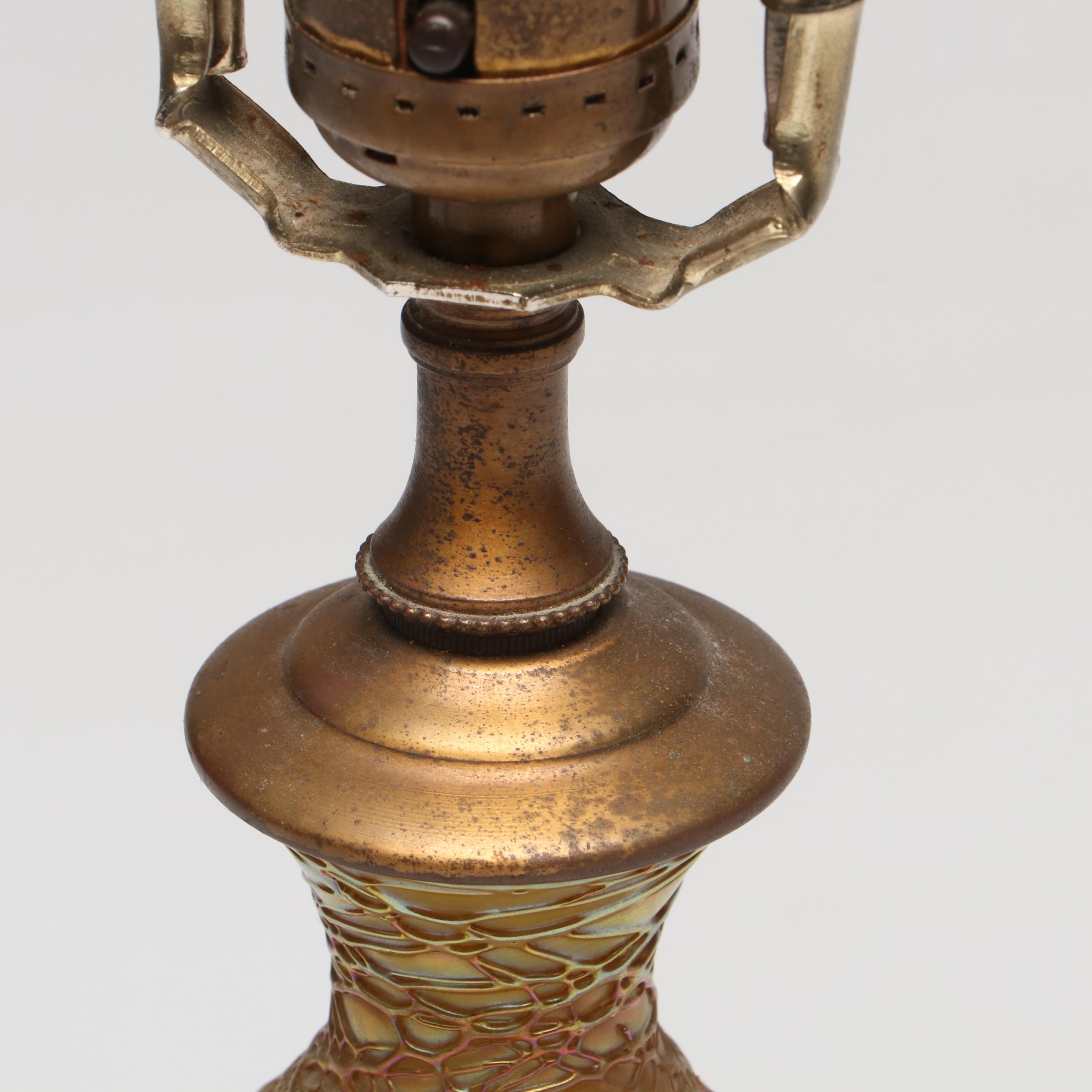 Durand Iridescent with Trailing Art Glass Converted to Table Lamp, Early 20th C.