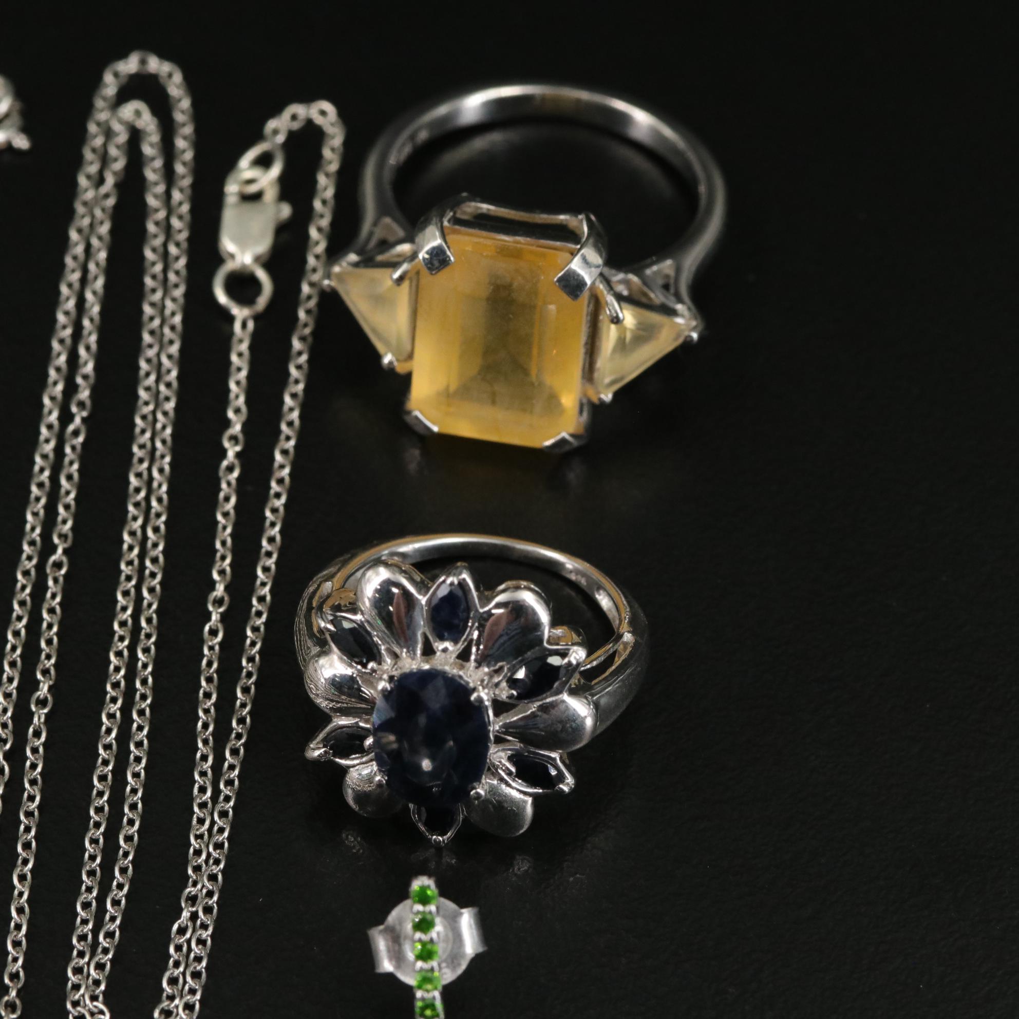 Group of 14 Assorted Sterling Silver Rings, Necklaces, Earrings, and Pendants