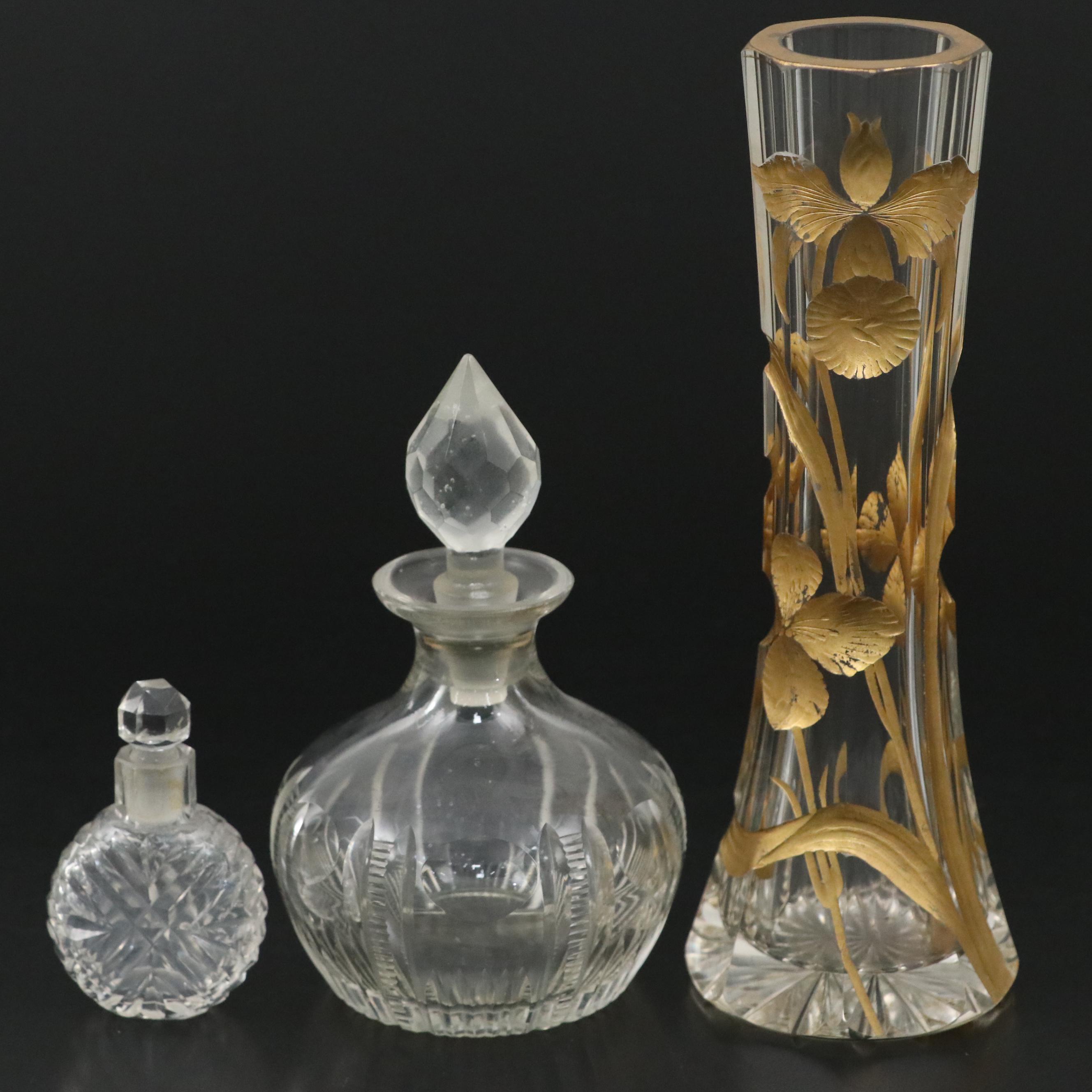French Art Nouveau Gilt Enameled Cut Crystal Vase and Other Perfume
