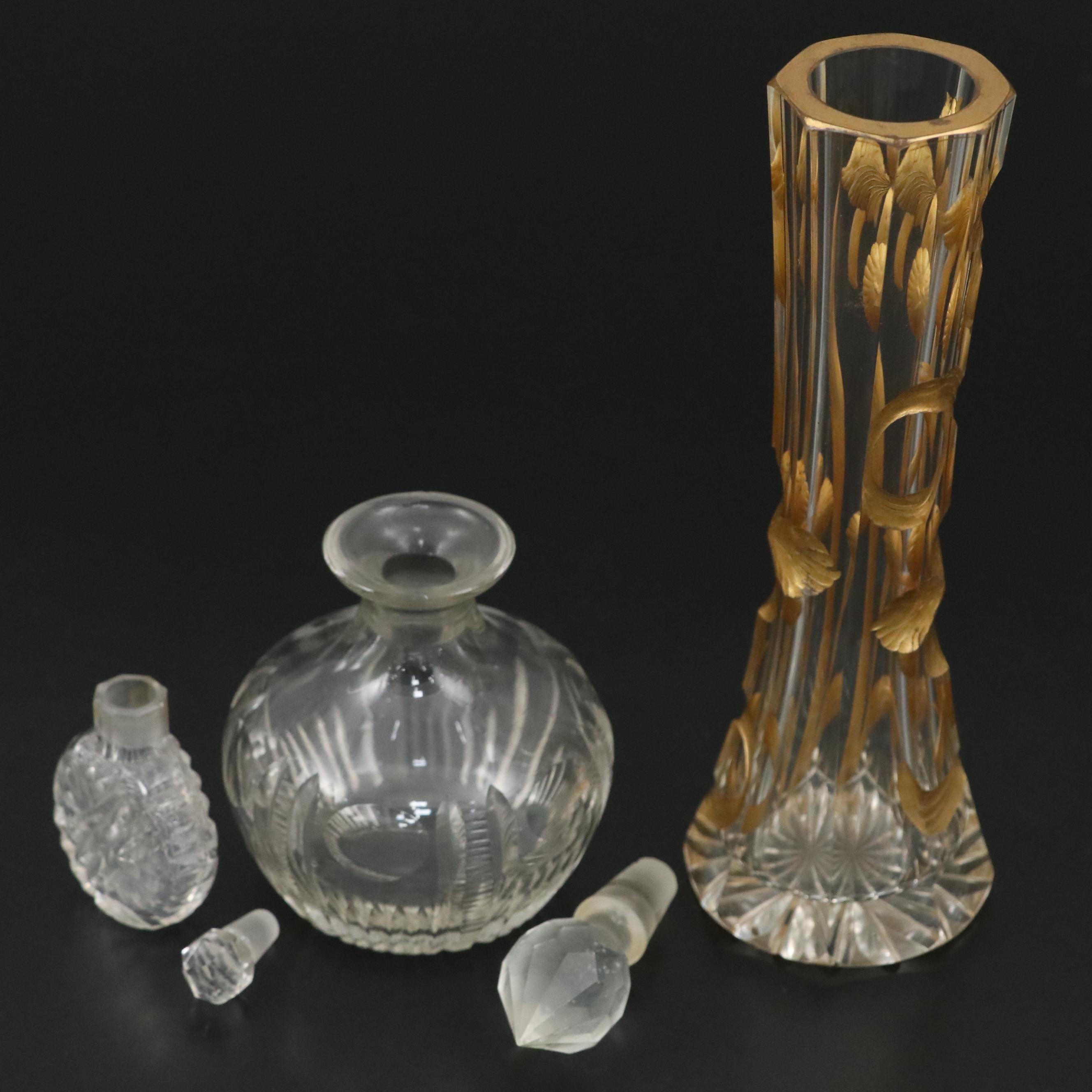 French Art Nouveau Gilt Enameled Cut Crystal Vase and Other Perfume