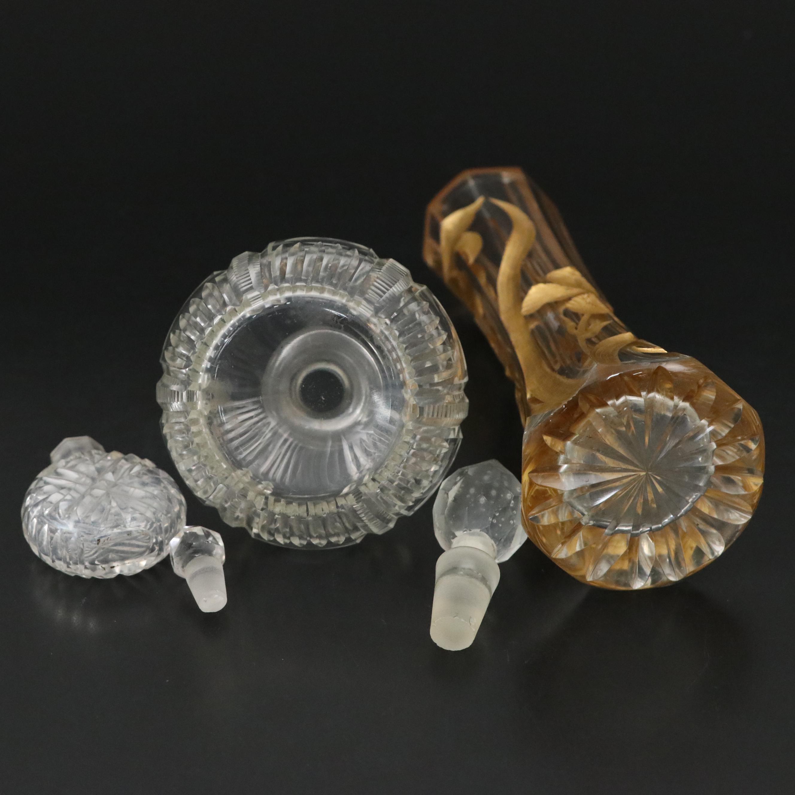 French Art Nouveau Gilt Enameled Cut Crystal Vase and Other Perfume