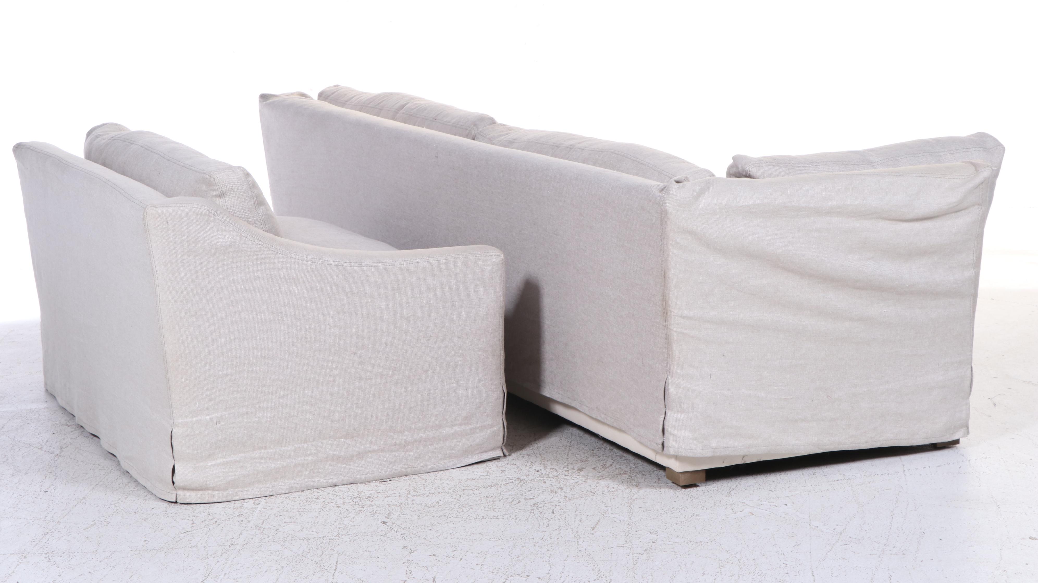 Two-Piece Restoration Hardware Linen-Slipcovered Sectional Sofa