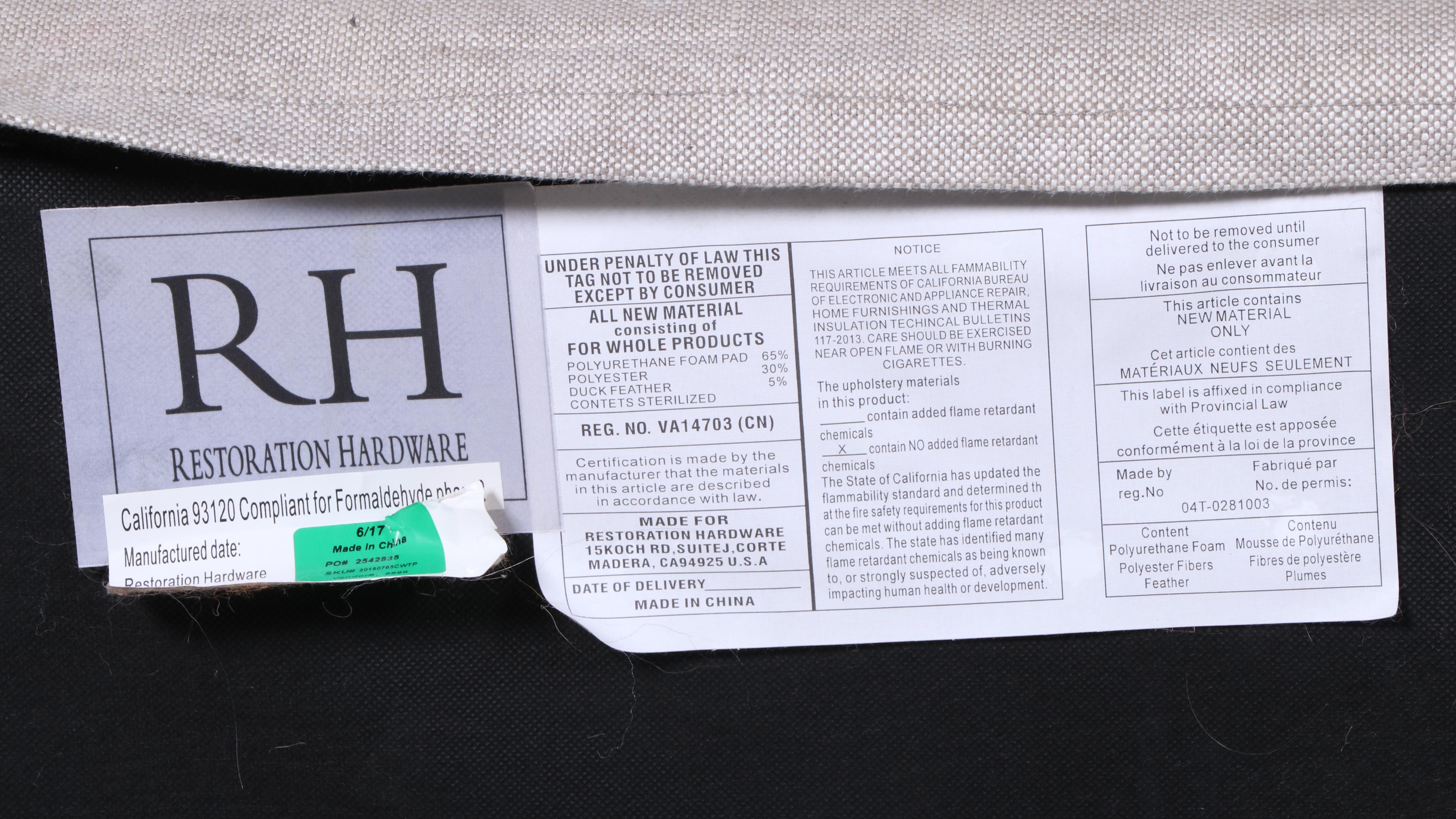 Two-Piece Restoration Hardware Linen-Slipcovered Sectional Sofa