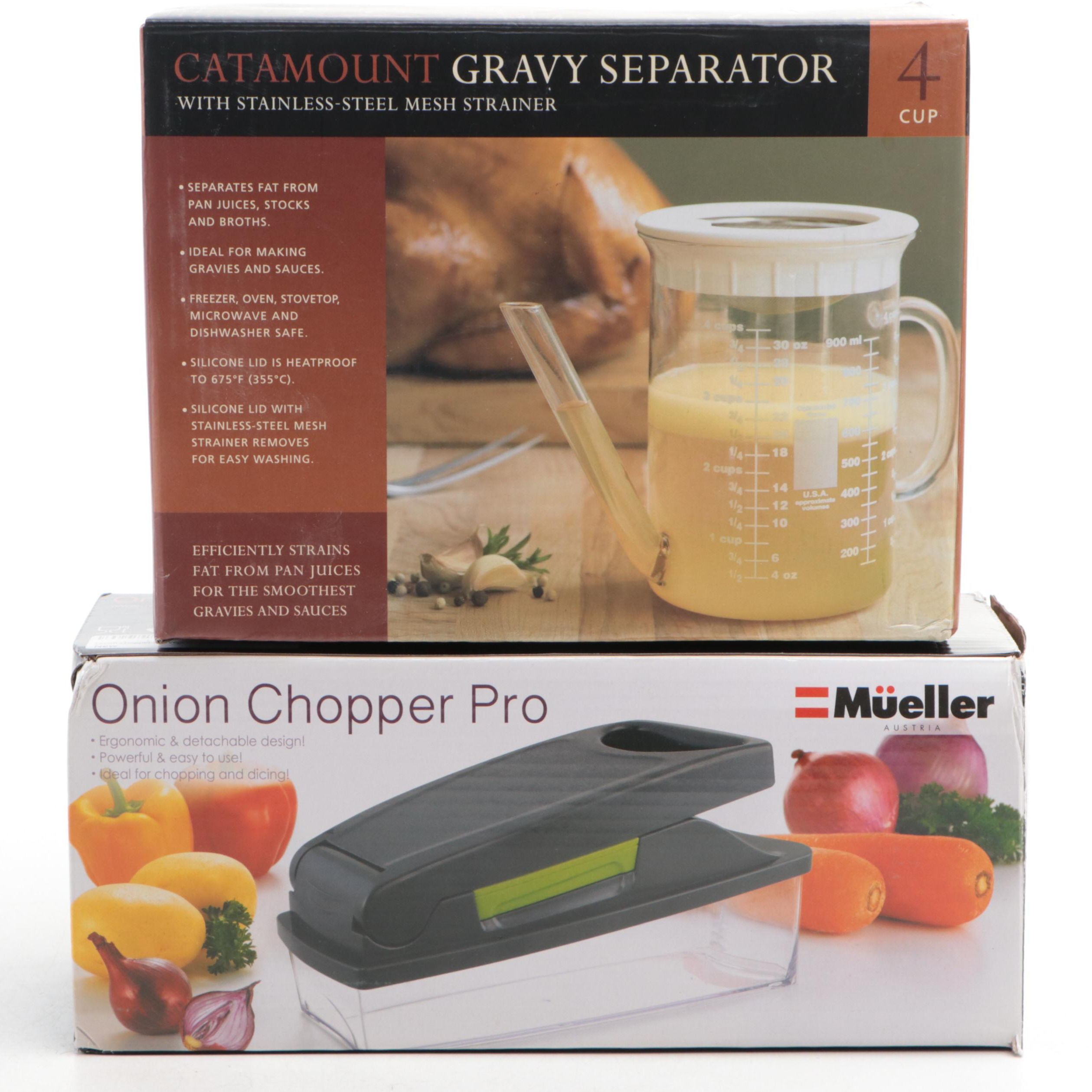 Catamount Glass Gravy Separator with Mueller Onion Chopper Pro