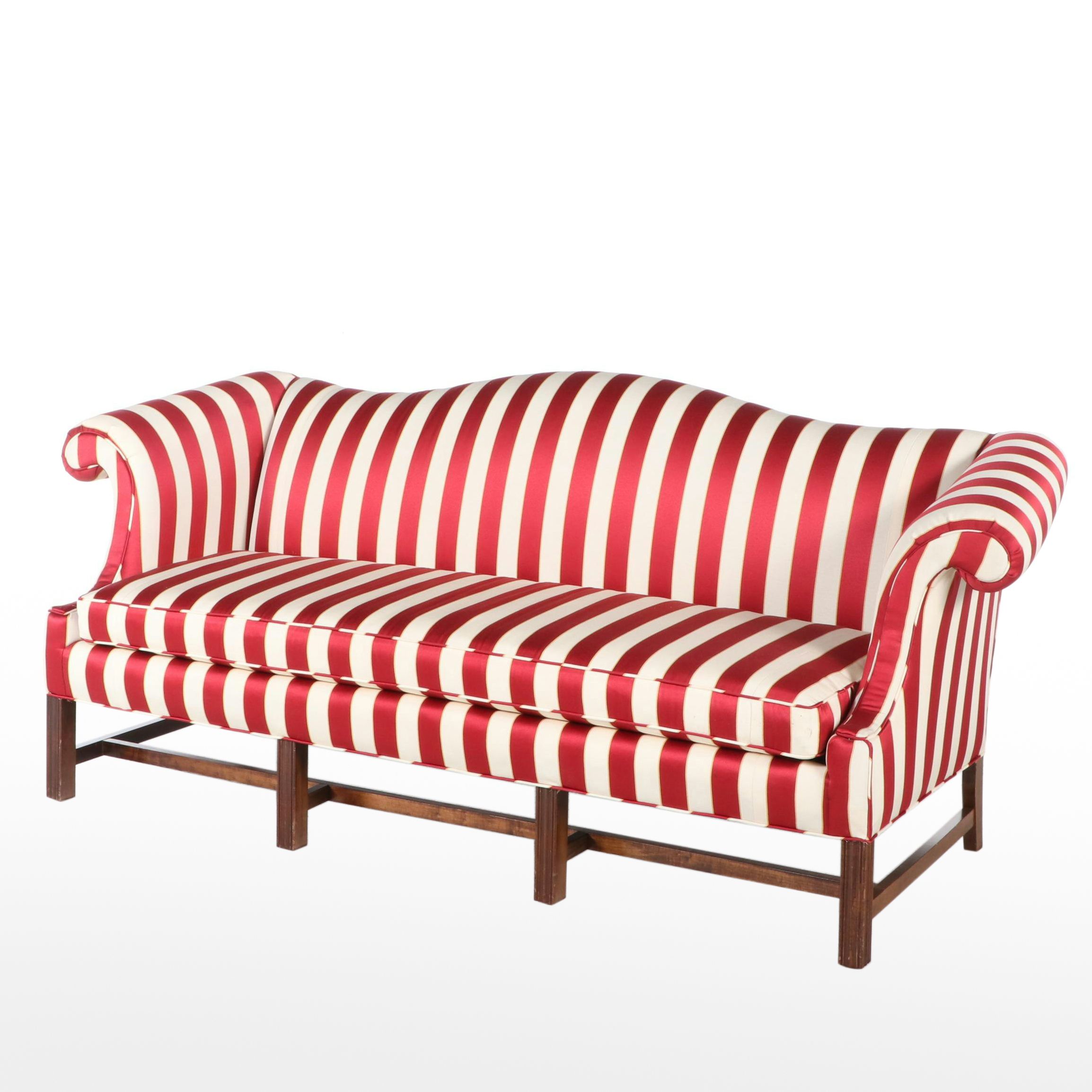 Federal Style Stripe Upholstered Camel-Back Sofa with Scrolled Arms