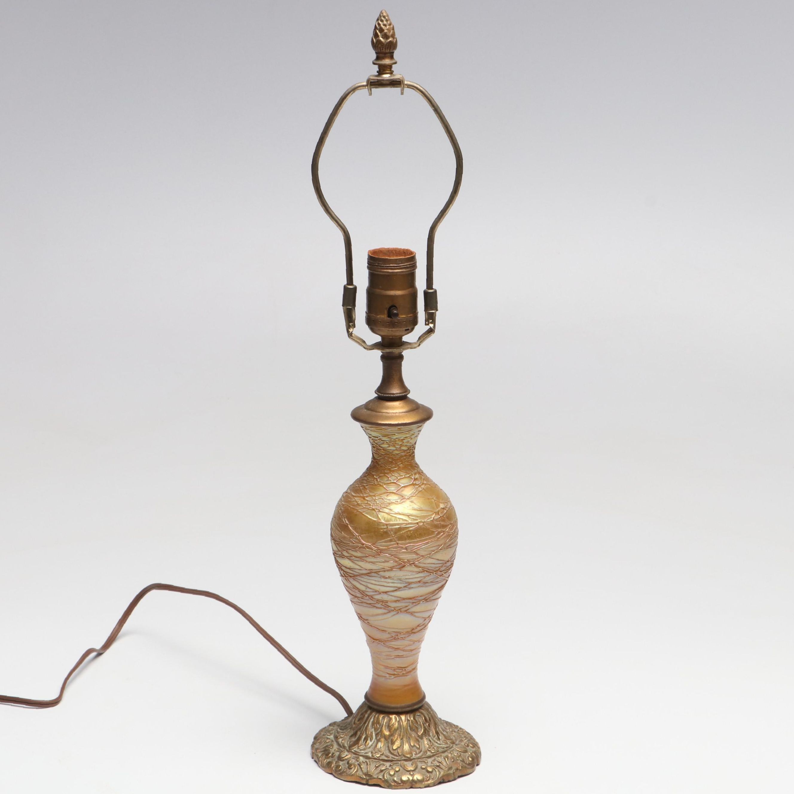 Durand Iridescent with Trailing Art Glass Converted to Table Lamp, Early 20th C.