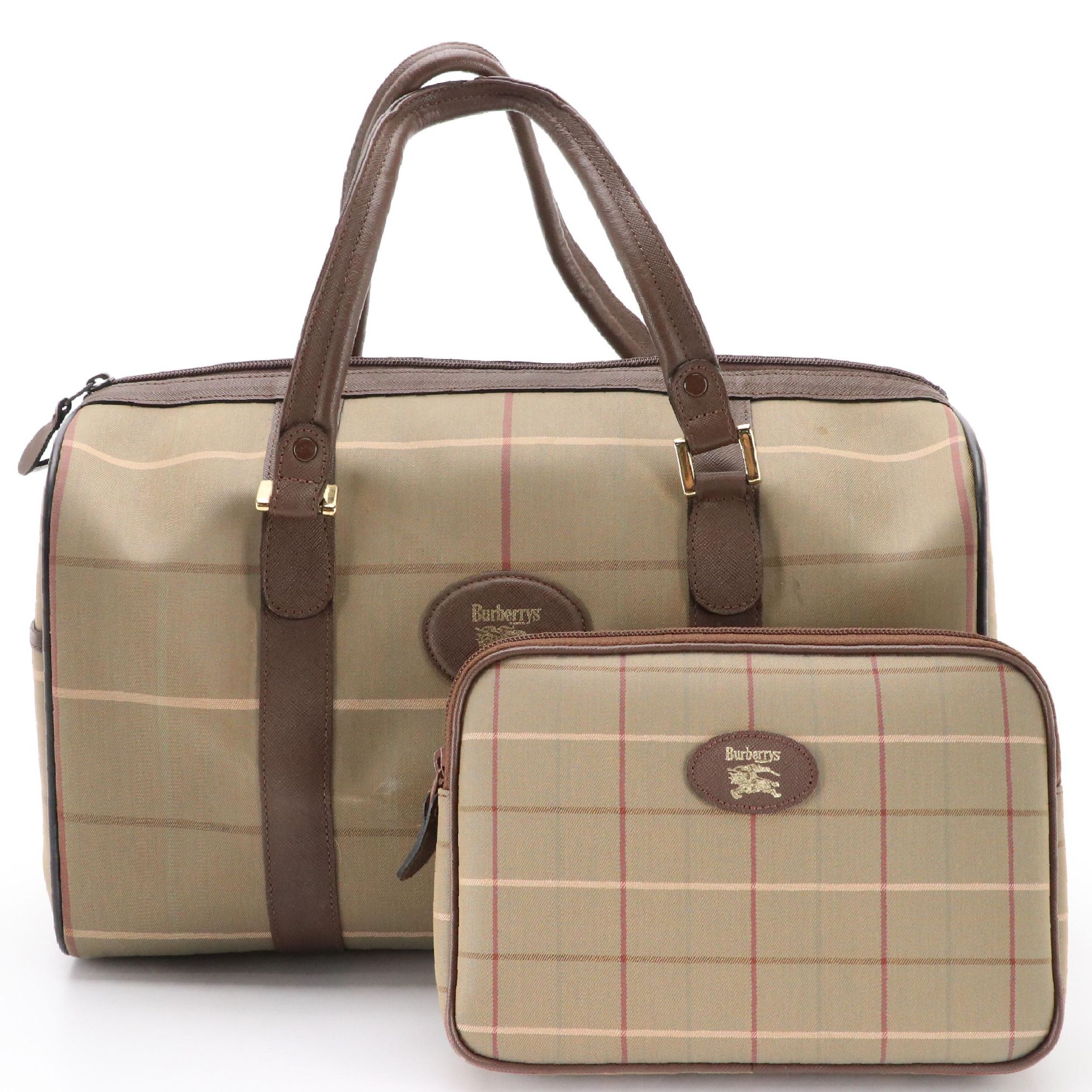 Burberrys Windowpane Check Canvas/Leather Boston Bag and Travel Zip Pouch in Box