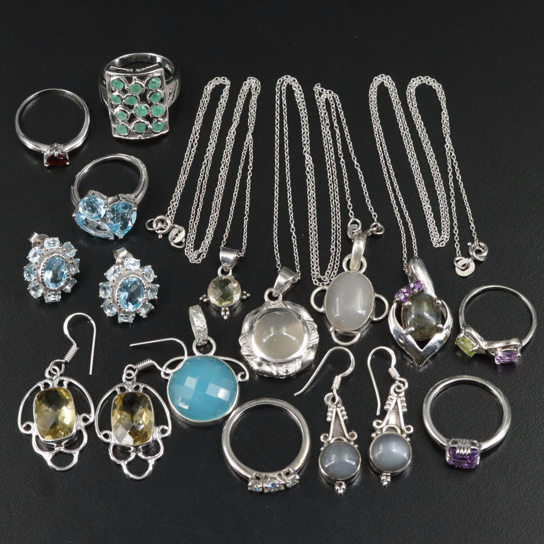 Group of 14 Assorted Sterling Silver Rings, Necklaces, Earrings, and Pendants