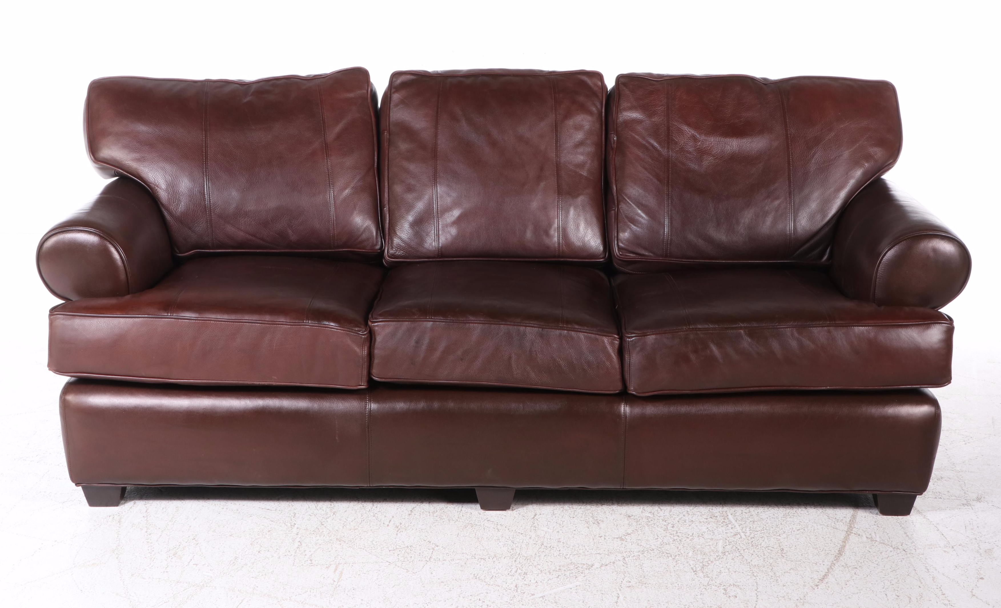 Arhaus Furniture Brown Leather Roll-Arm Sofa