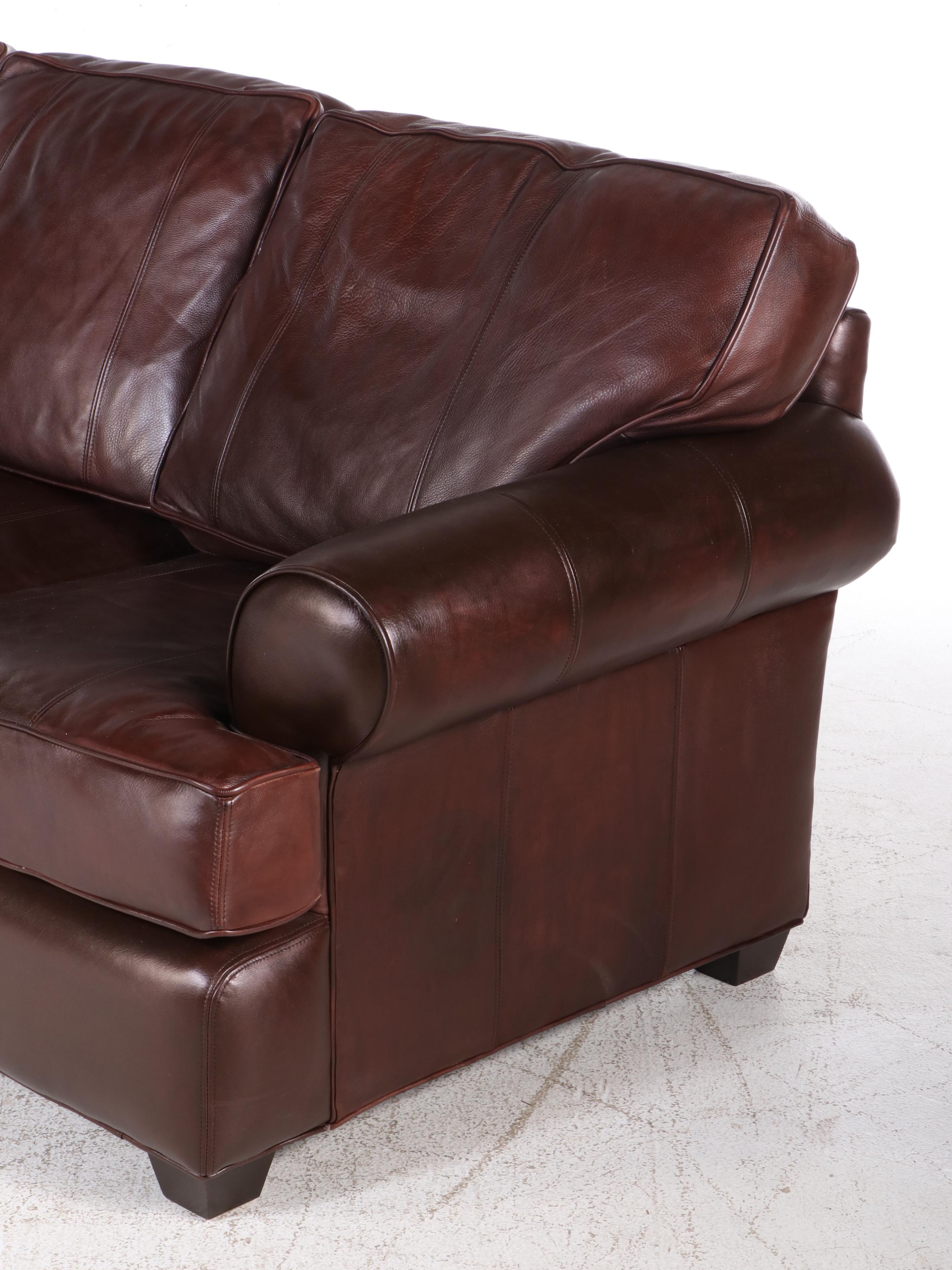 Arhaus Furniture Brown Leather Roll-Arm Sofa