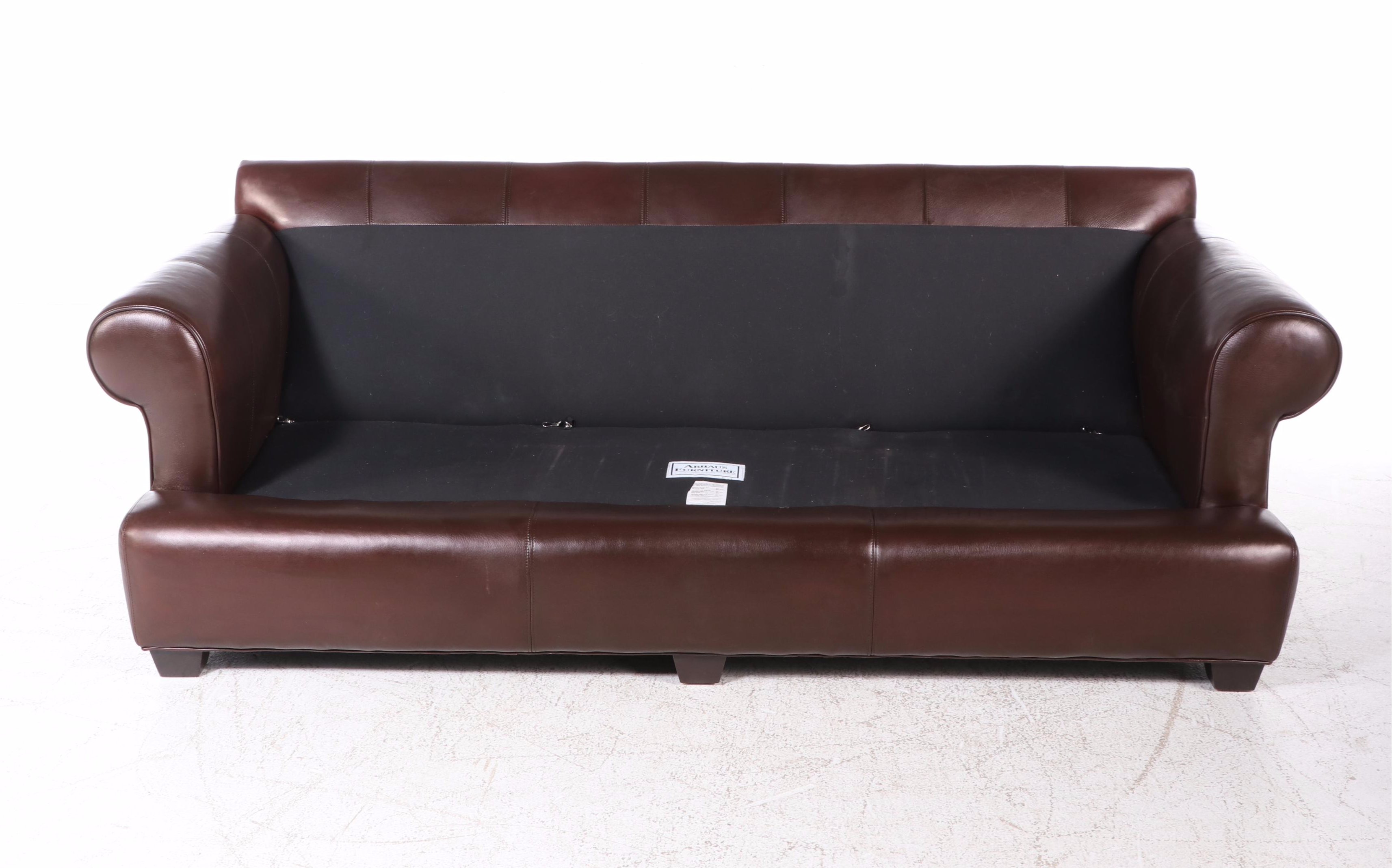 Arhaus Furniture Brown Leather Roll-Arm Sofa