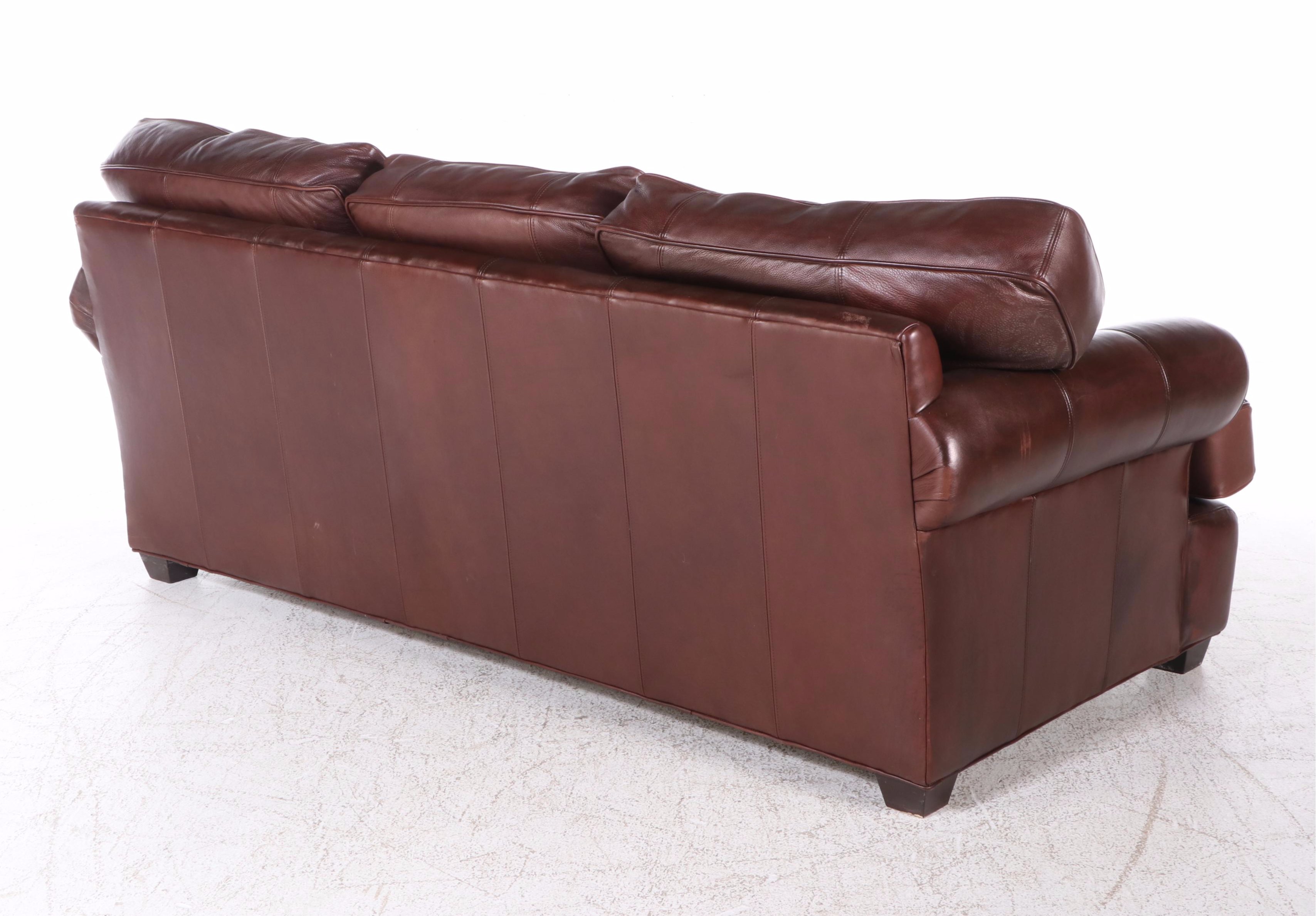Arhaus Furniture Brown Leather Roll-Arm Sofa