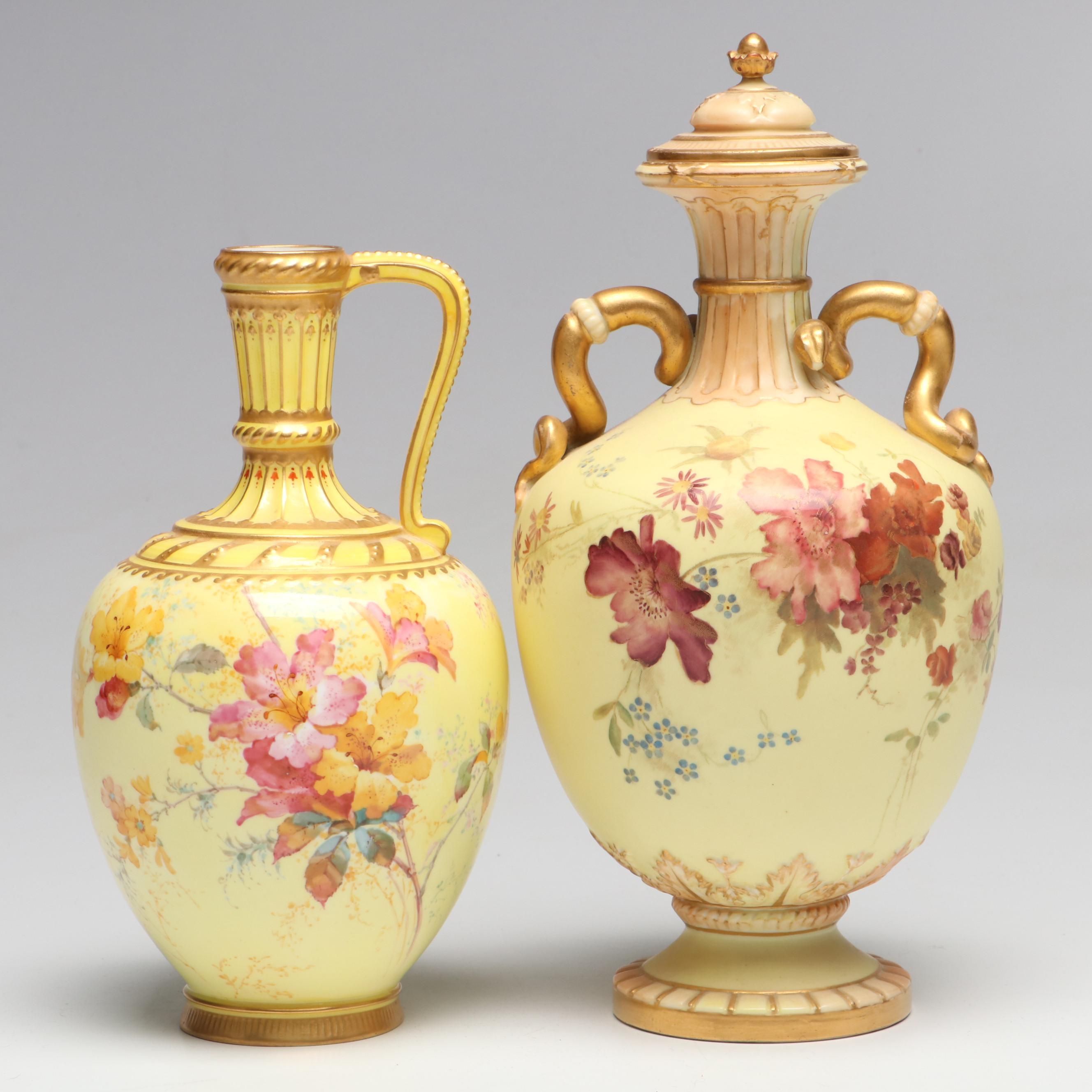 Royal Crown Derby Porcelain Ewer with Royal Worcester Lidded Urn
