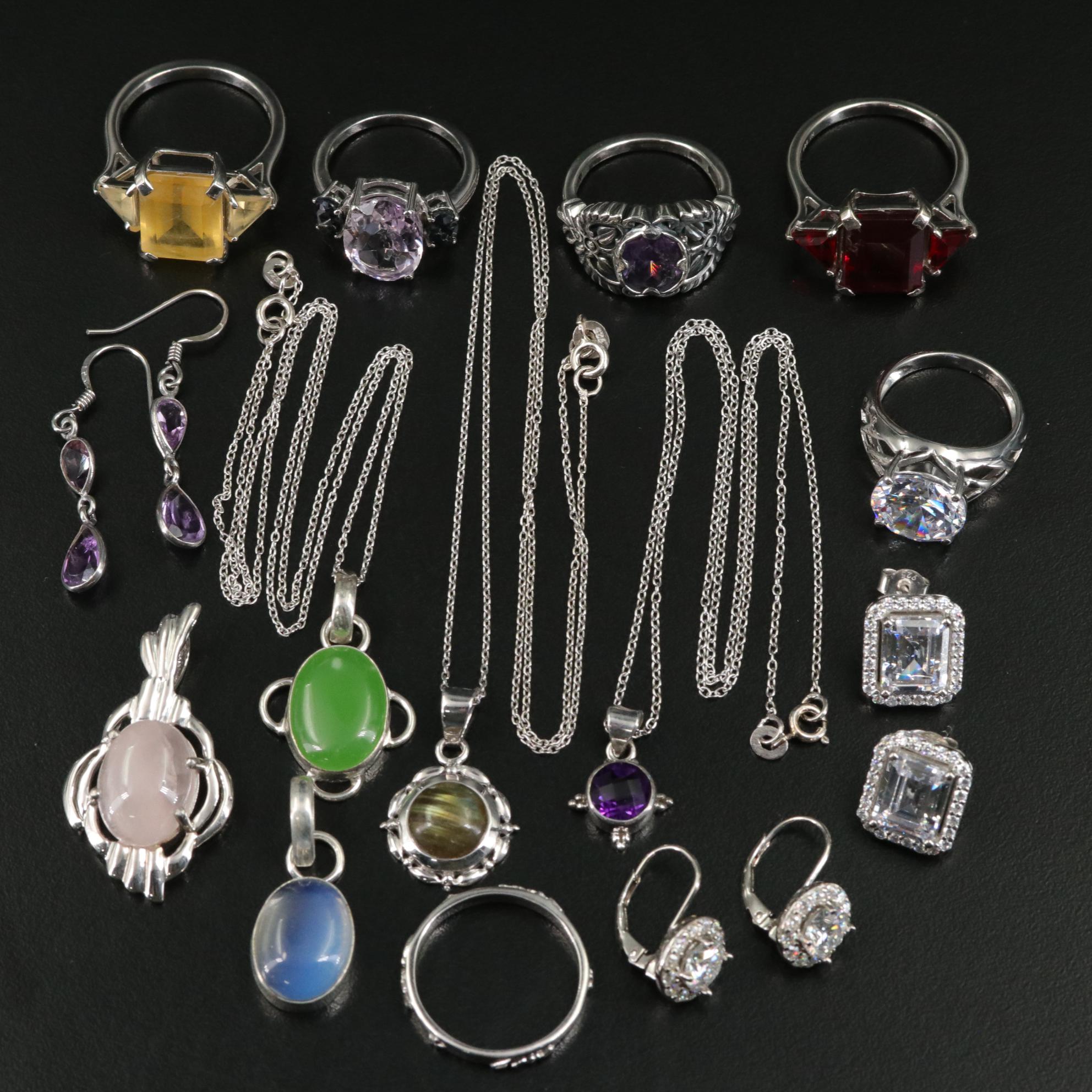 Group of 14 Assorted Sterling Silver Rings, Necklaces, Earrings, and Pendants