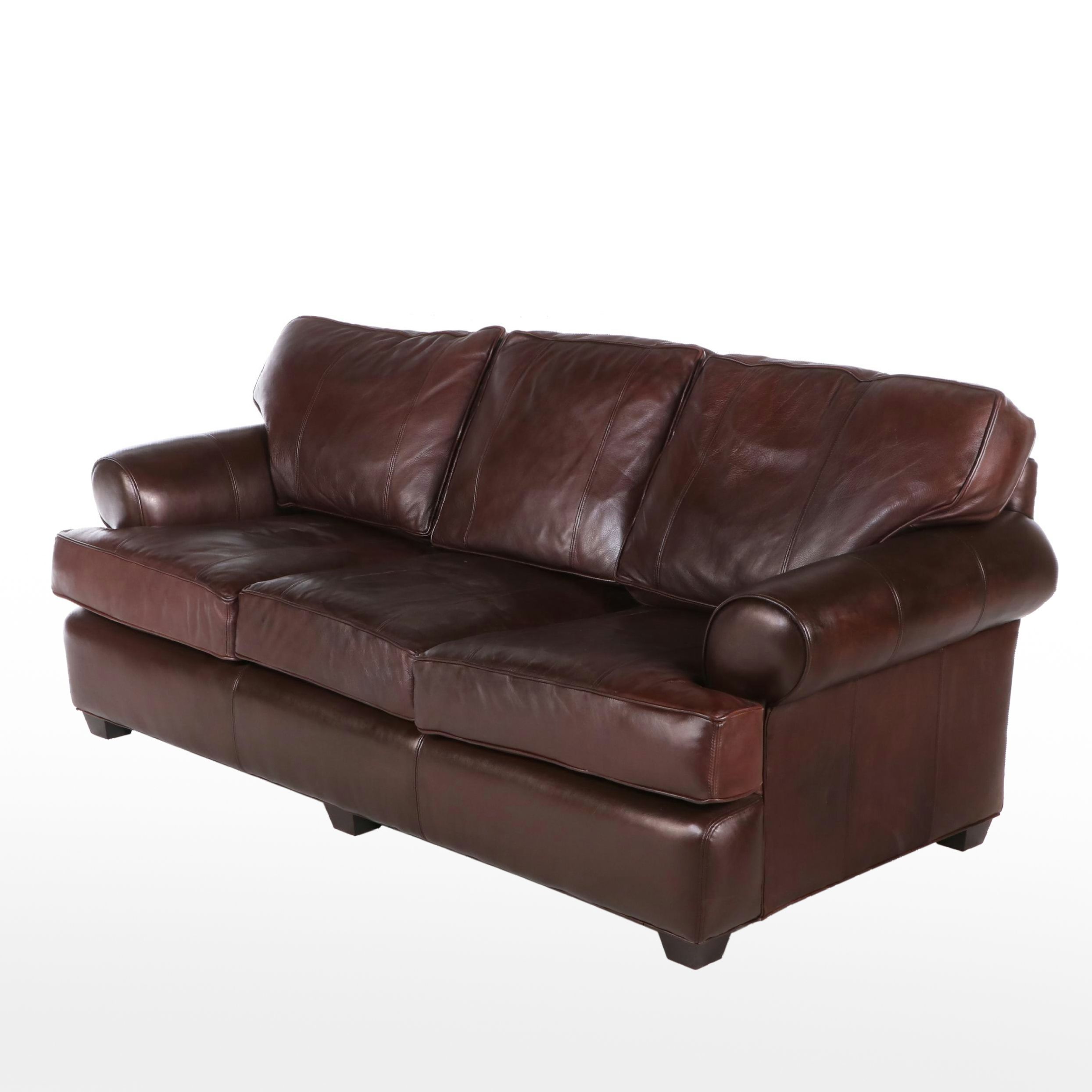 Arhaus Furniture Brown Leather Roll-Arm Sofa
