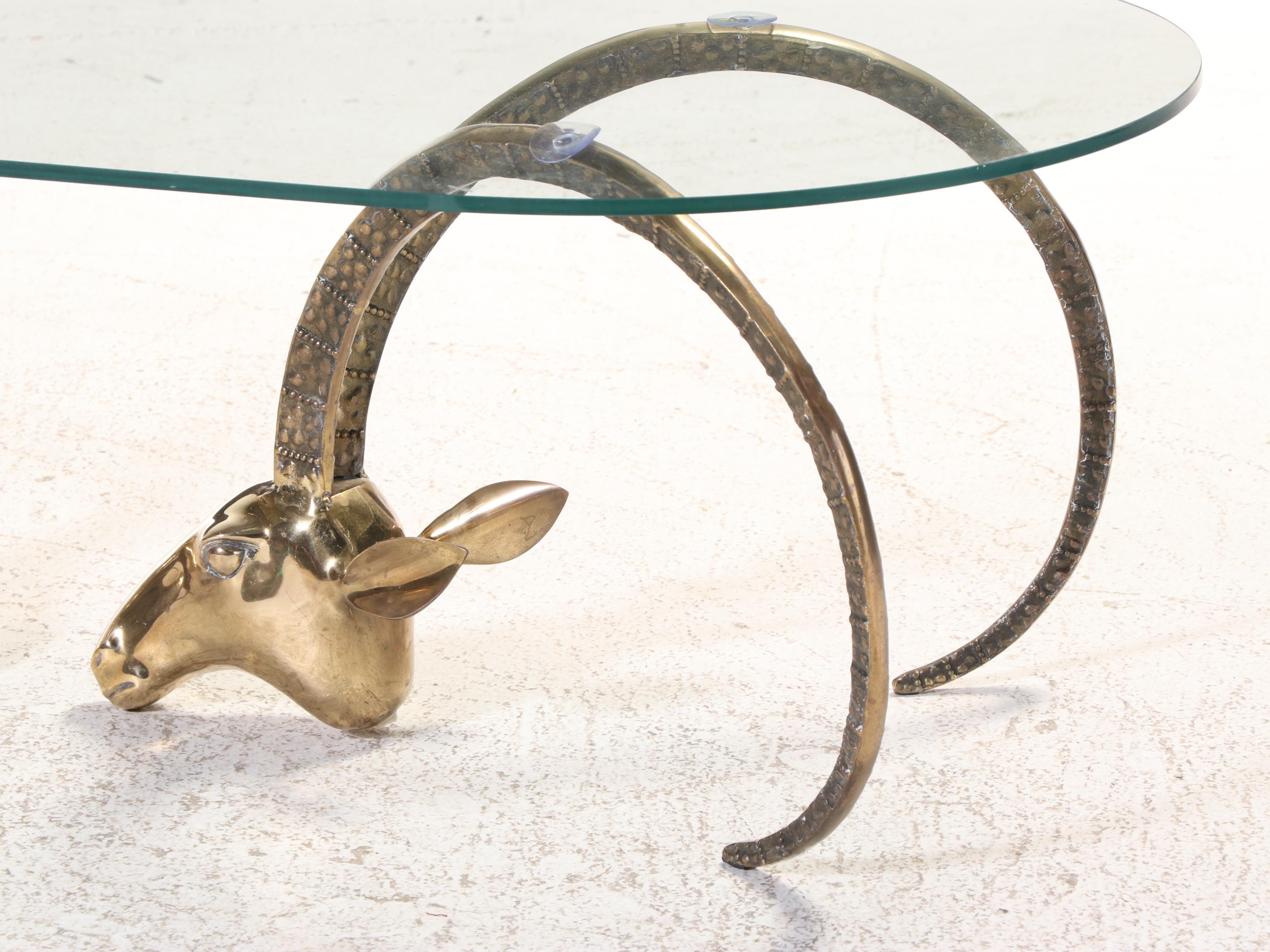 Hollywood Regency Style Brass and Glass Top Ibex Coffee Table