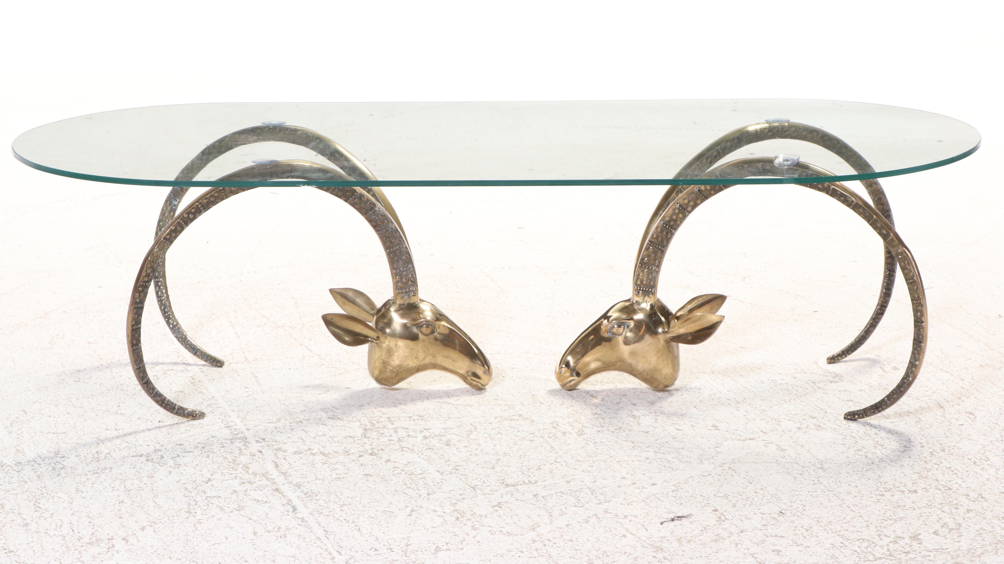 Hollywood Regency Style Brass and Glass Top Ibex Coffee Table