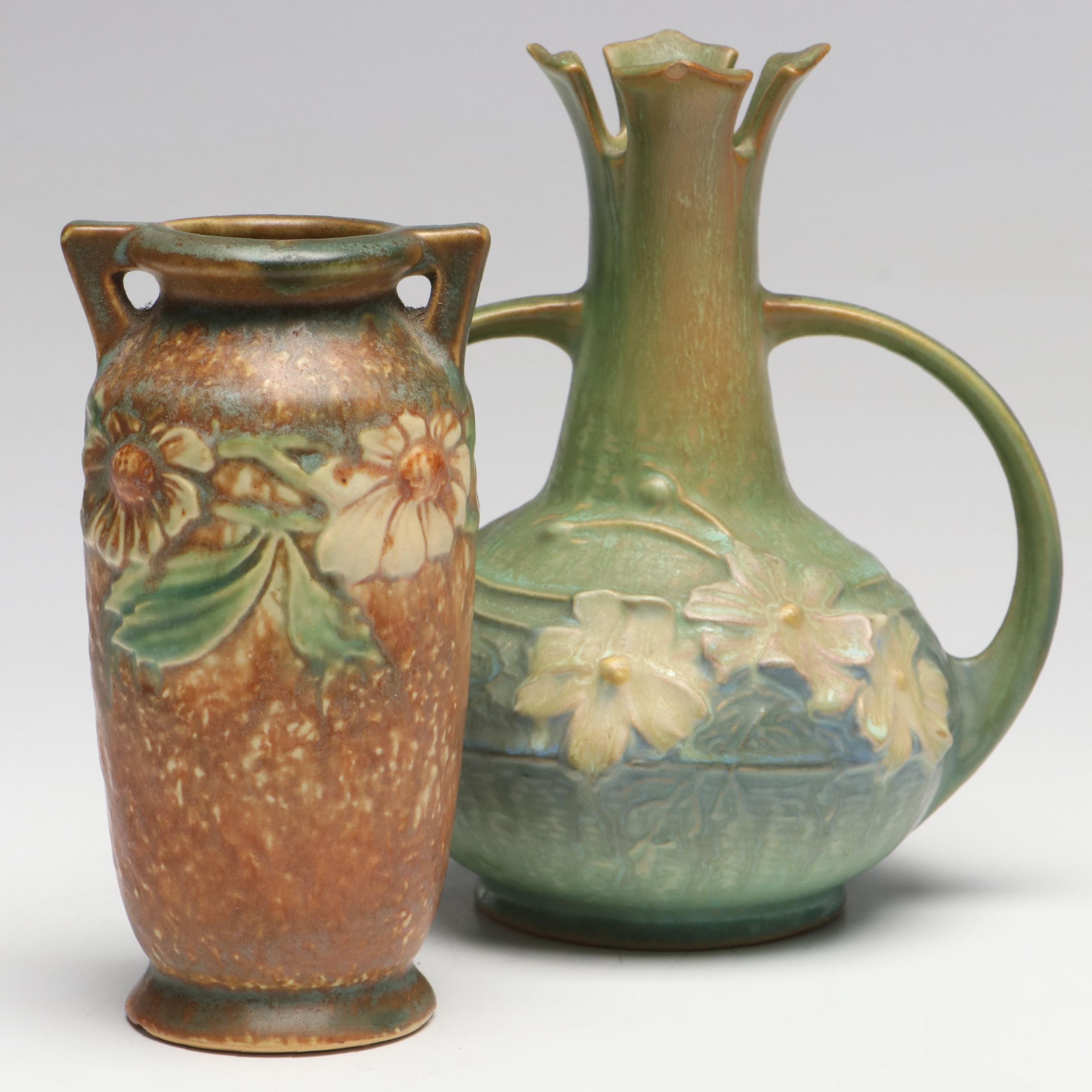 Roseville Pottery "Cosmos Green" Ceramic Handled Vase with Other Ceramic Vase