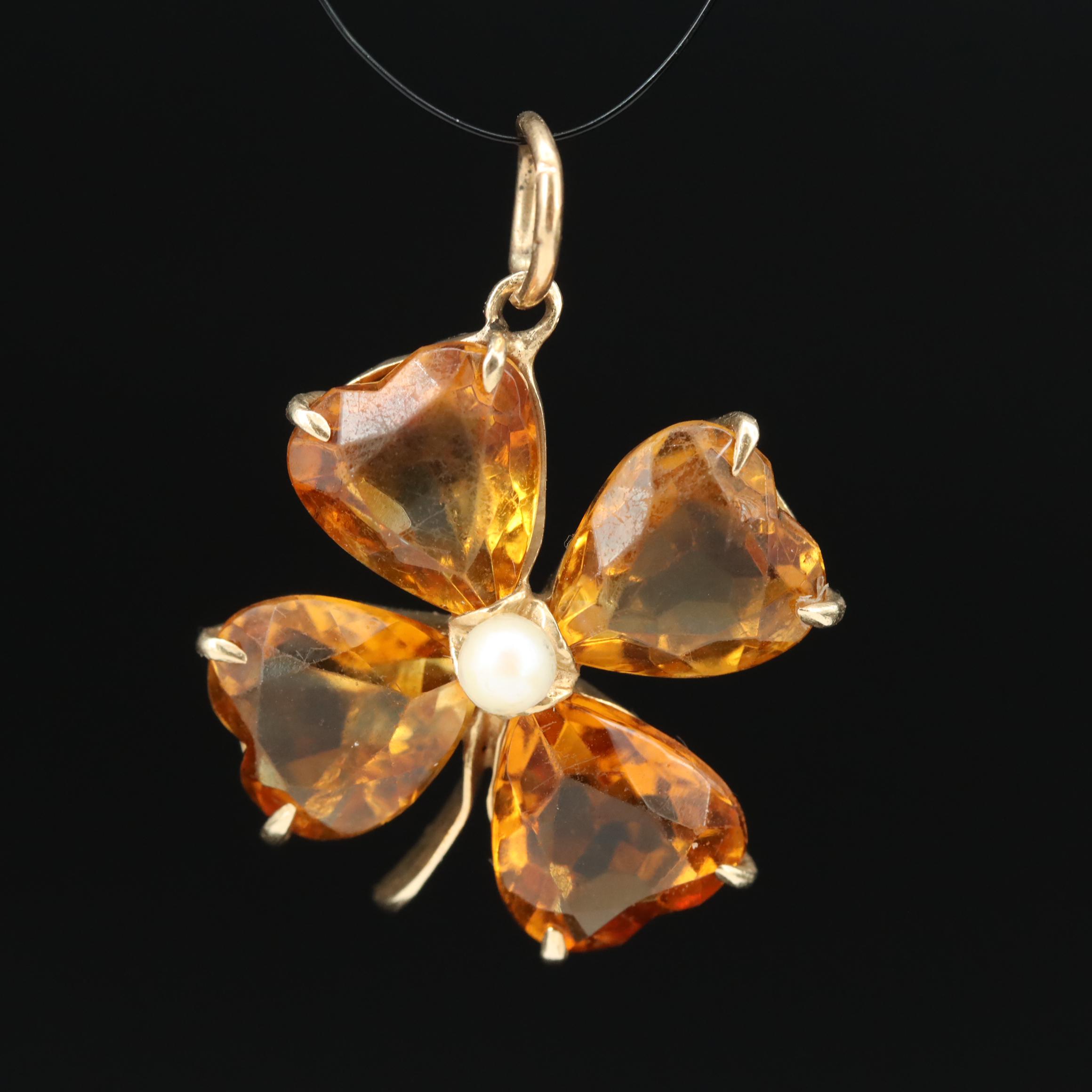 Vintage 14K Pearl and Citrine Clover Pendant