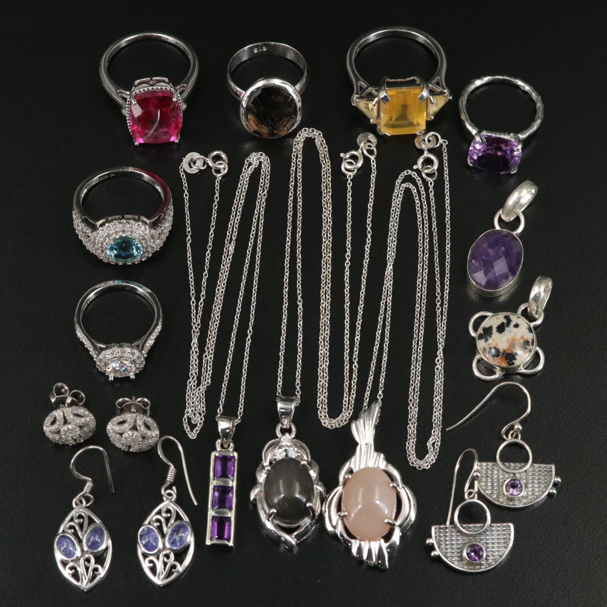 Group of 14 Assorted Sterling Silver Rings, Necklaces, Earrings, and Pendants