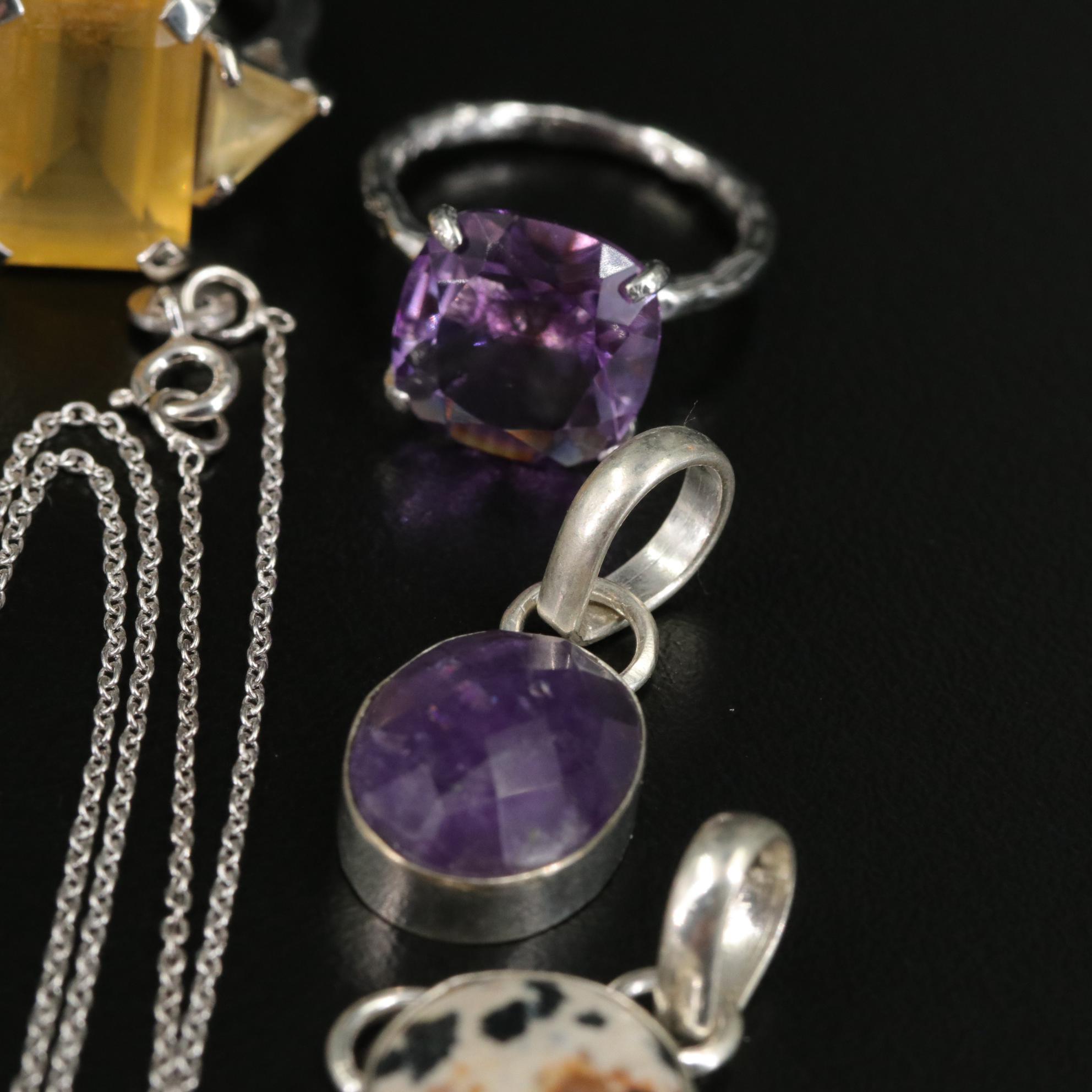 Group of 14 Assorted Sterling Silver Rings, Necklaces, Earrings, and Pendants