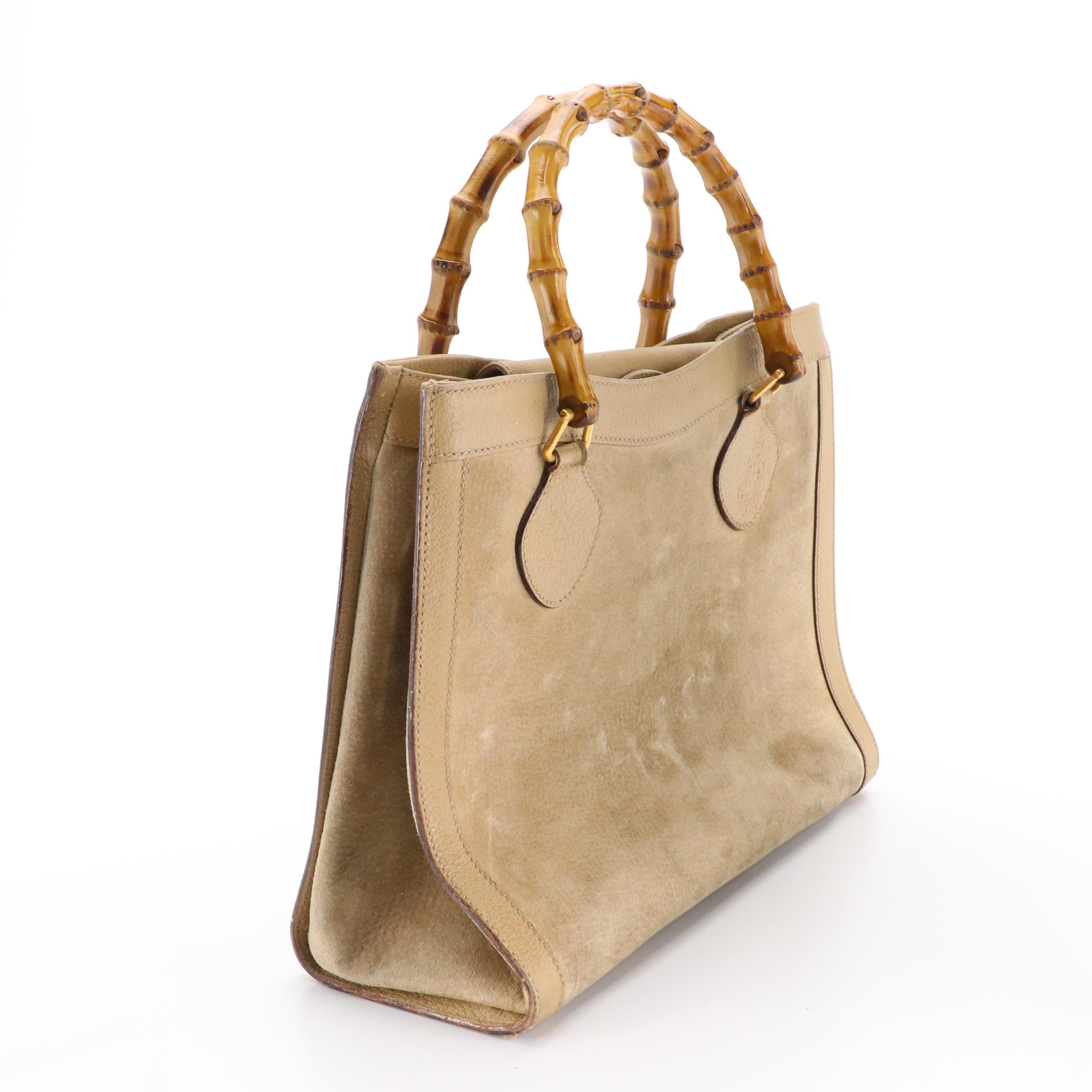 Gucci Diana Bamboo Handle Tote in Beige Suede and Cinghiale Leather