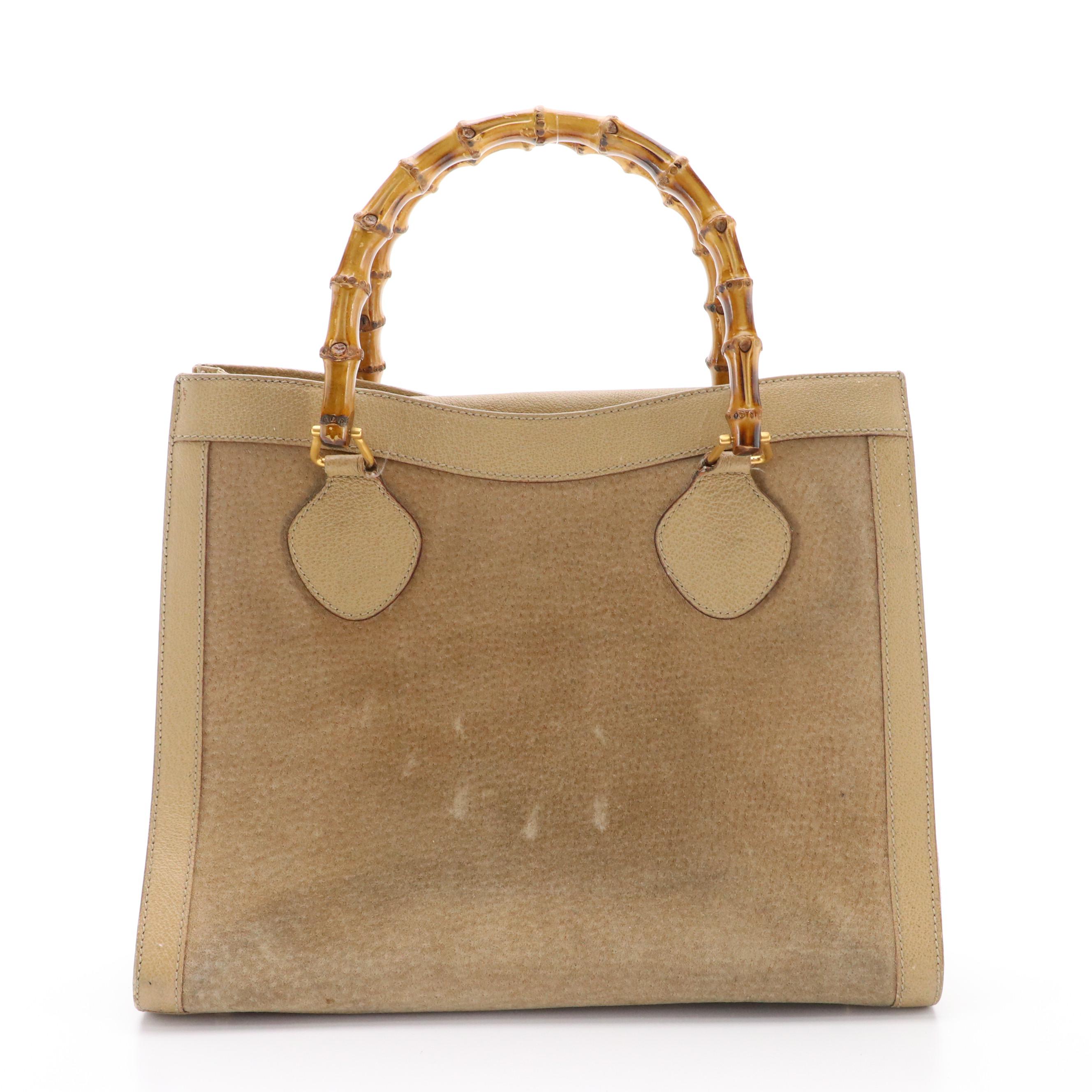 Gucci Diana Bamboo Handle Tote in Beige Suede and Cinghiale Leather