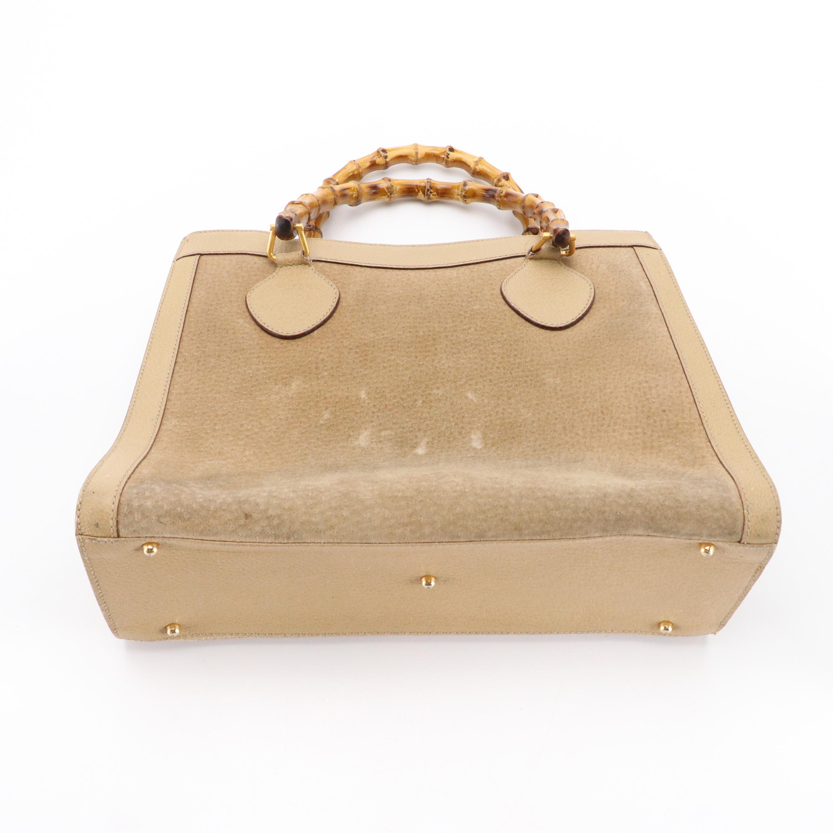 Gucci Diana Bamboo Handle Tote in Beige Suede and Cinghiale Leather